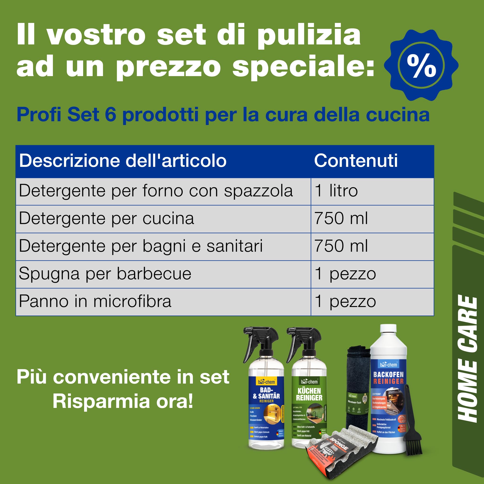 bio-chem Set di 6 prodotti per la pulizia della cucina e del forno | Detergente per forni, padelle e pentole - Prodotti per le superfici della cucina - Panno in microfibra e spugna inclusi