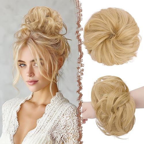 Miniatura 45 de FESHFEN - Extensiones de pelo rizado y desordenado para peinado, bandas elásticas con piezas de pelo sintético estilo moño, extensiones de cabello