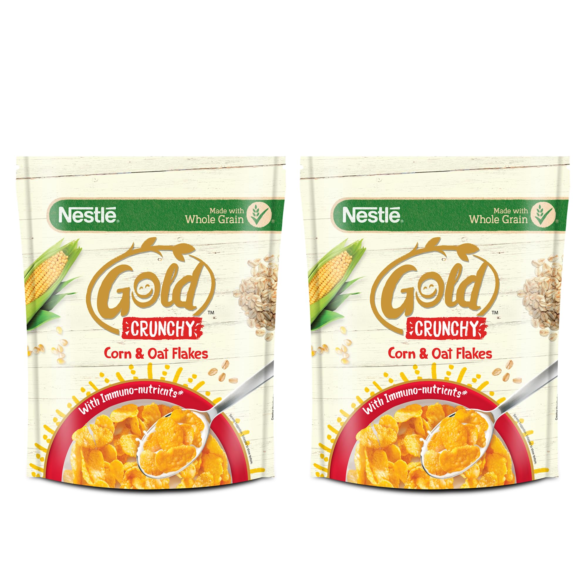 Nestlé Gold Crunchy Oats & Corn Flakes - Breakfast Cereal with Immuno-Nutrients | Made with Whole Grains & The Goodness Of B Vitamins, Calcium & Vitamin D, No Added Colours & Flavours, 850g Bag, Pack of 2