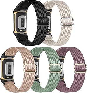 Folavii 5 Pack Stretchy Nylon Compatible with Fitbit Charge 6 Bands/Fitbit Charge 5 Bands for Women Men, Elastic Adjustabl...
