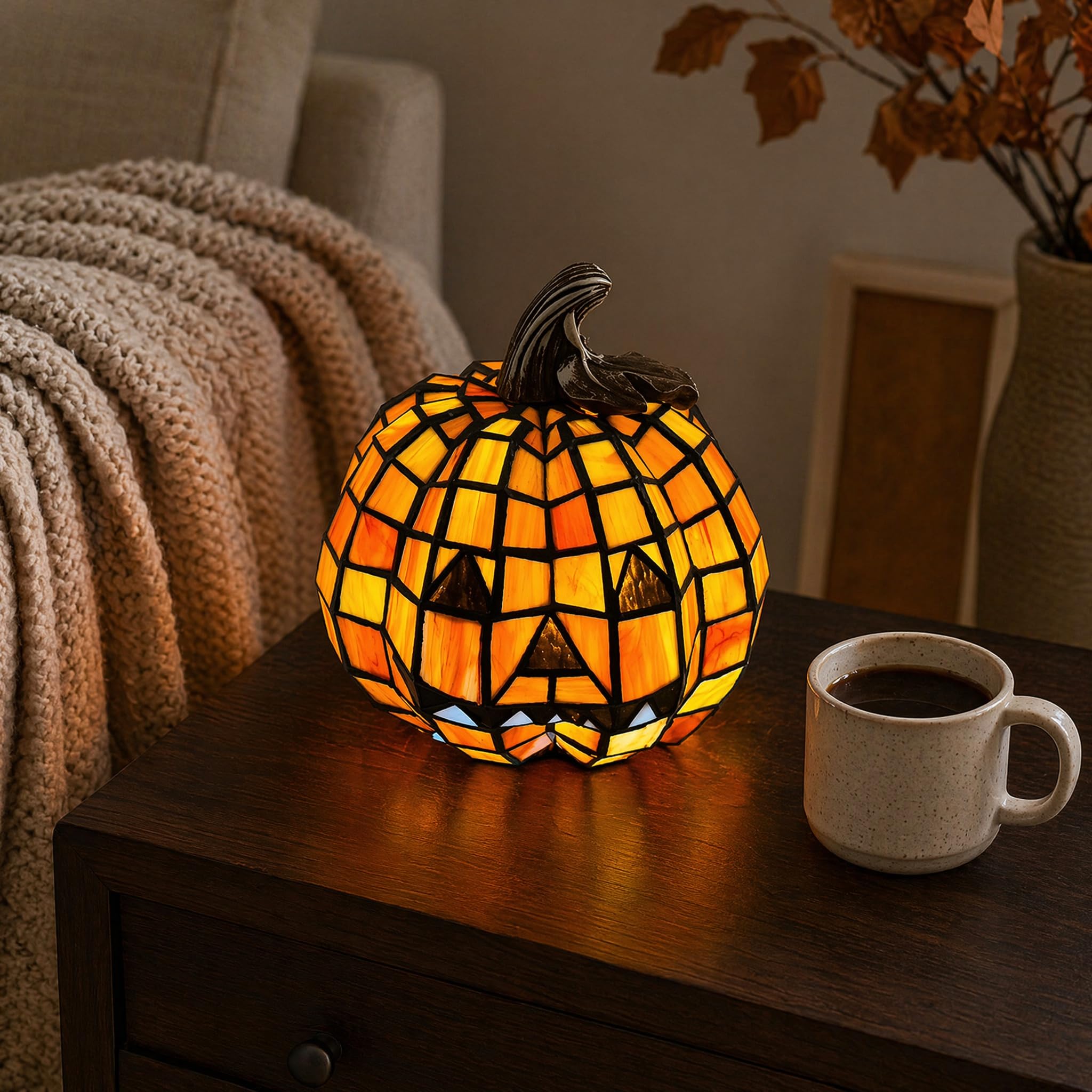AIBOTY Tiffany Stained Glass Pumpkin Lamp Halloween Pumpkin Bedside Decor Lamp, Halloween Indoor Decor Light, Orange Glass Accent Table Lamp