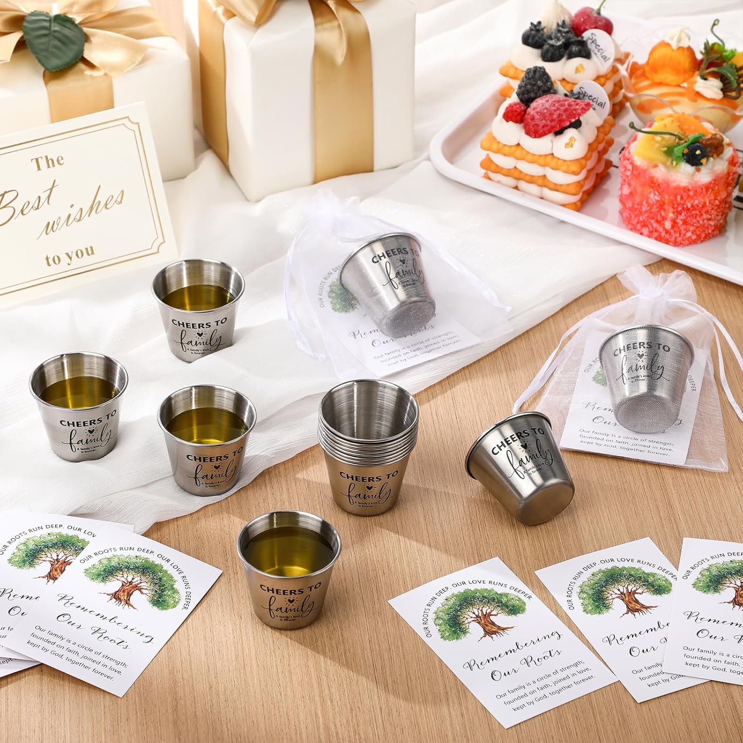Roshtia Family Reunion Gifts Favors Cheers to Family 1.5 oz Stainless Steel Short Wine Glasses with Card and Organza Bags Gathering Party Supplies(60 Sets)