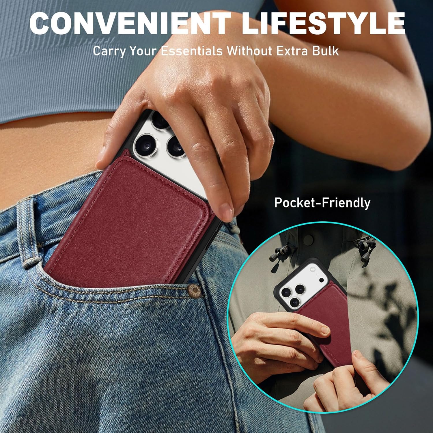 TUCCH Card Case Wallet for iPhone 17 Pro Max (6.9-inch) 2025, RFID Blocking 3 Card Slots, Crossbody Lanyard Strap, Clear ID Window, Undetachable Wallet, Magnetic, PU Leather Phone Cover, Dark Red