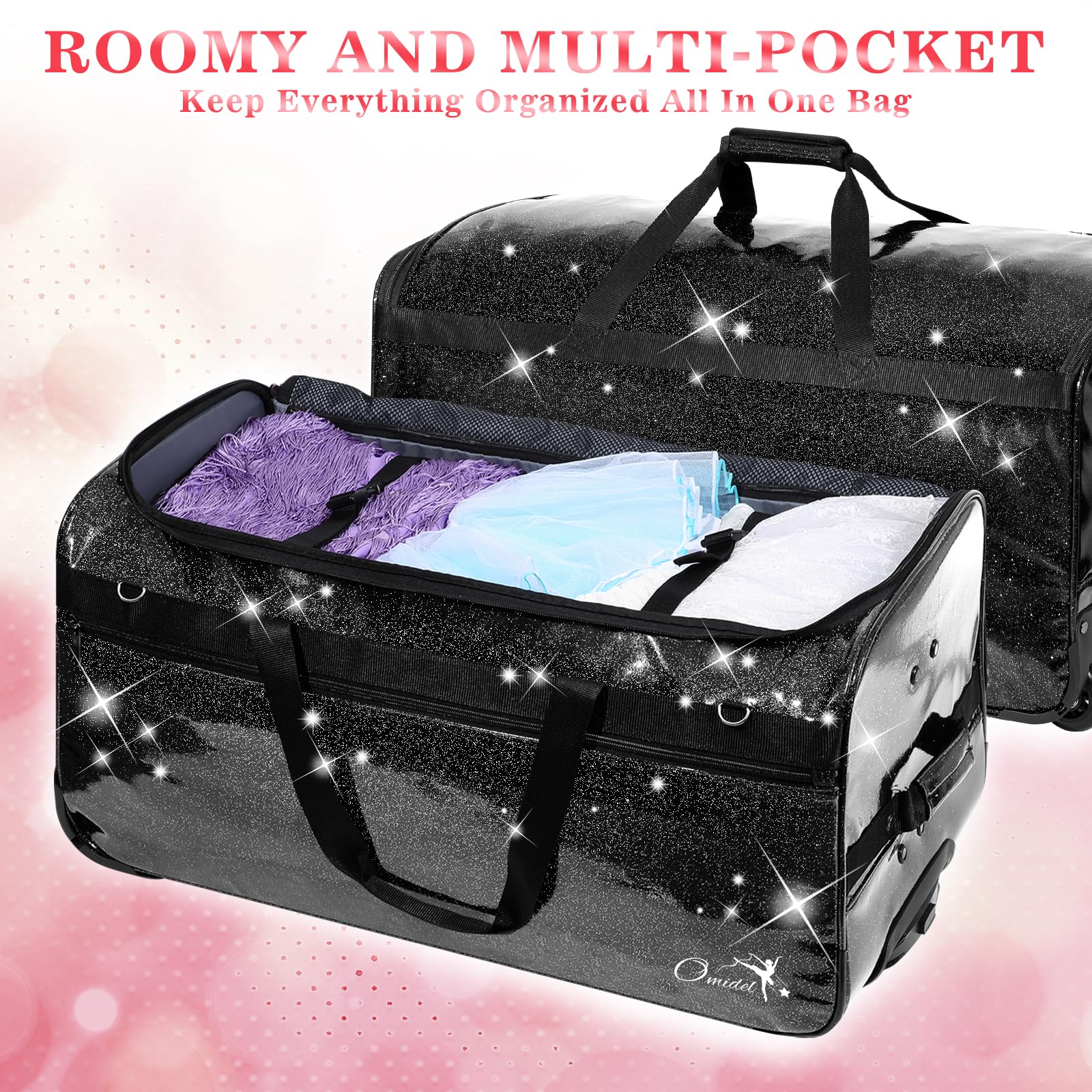 Sac de danse avec porte-vêtements - Grand sac à vêtements de danse avec roulettes pour danseuses / filles / femmes - Sac de voyage pliable - Indispensable pour les compétitions de danse, Noir - 71 cm