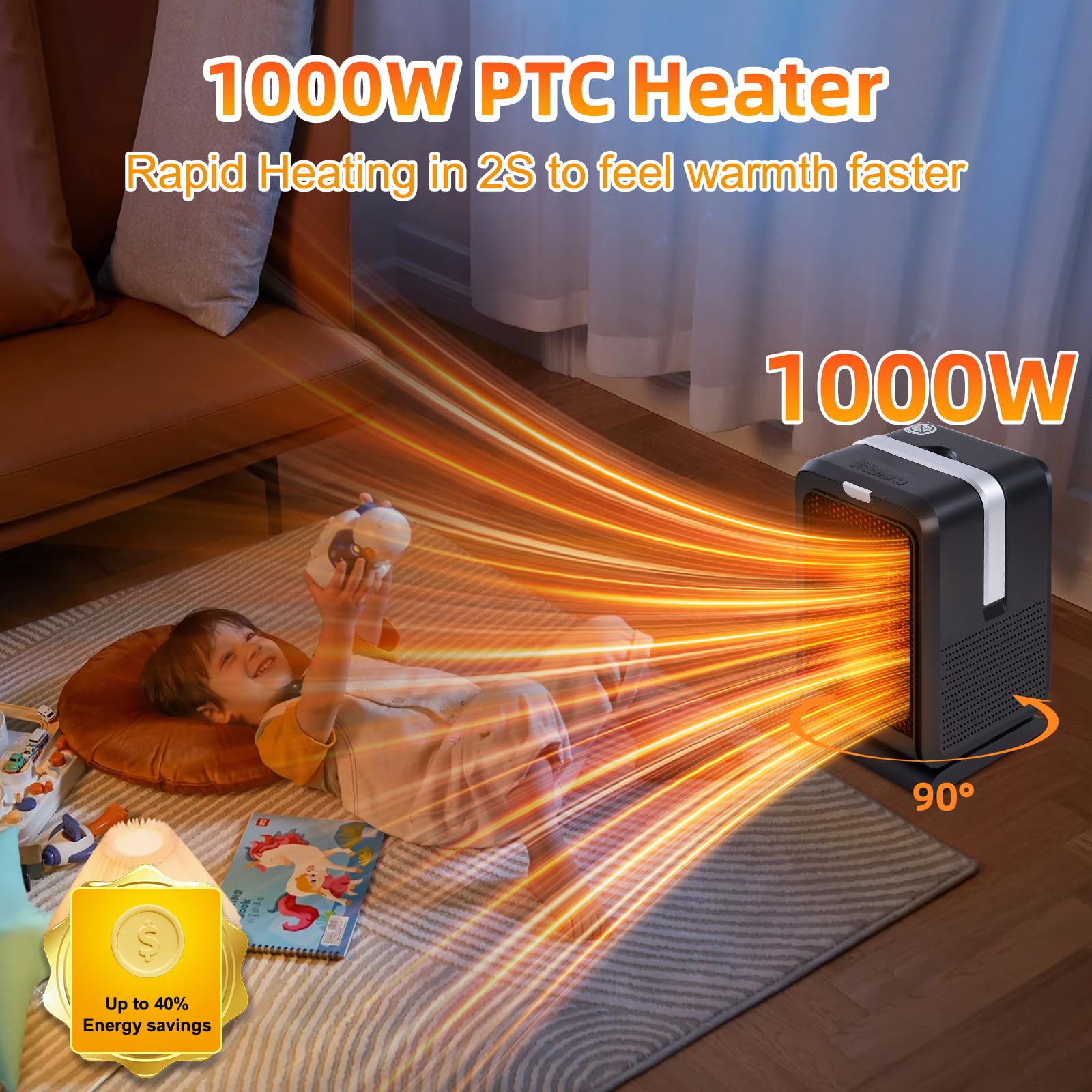 Calentador de espacio para uso en interiores, calentador eléctrico de cerámica PTC de 1000 W para interiores con control remoto, oscilación de 90°, calentador de seguridad rápida, calentador de 5