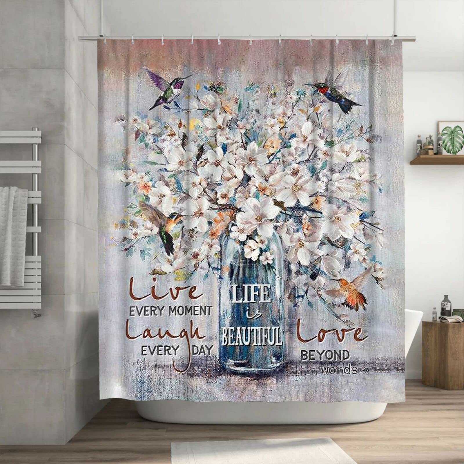Tourrest Flower Hummingbird Shower Curtain Rustic Floral Shower Curtains Modern Polyester Fabric Waterproof 12 Pack Plastic Hooks 60 x 72 Inch