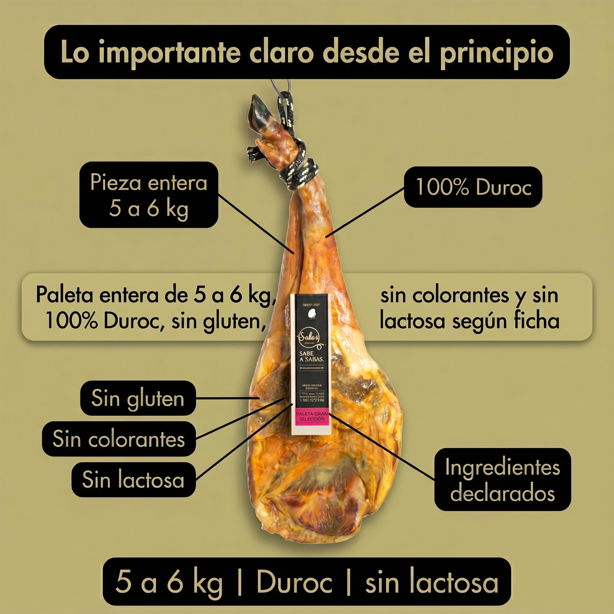 Paleta Duroc 100% Gran Seleccion Curada Pieza Entera 6 kg Paletilla | Peso 5,5 a 6 kilos, secadero natural y bodega, sin gluten, sin lactosa y sin colorantes; para tapas, tablas y regalo gourmet