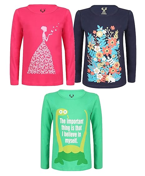 Elk Kids Girls Cotton Fullsleeve Printed T-Shirt Pack of 3 Color