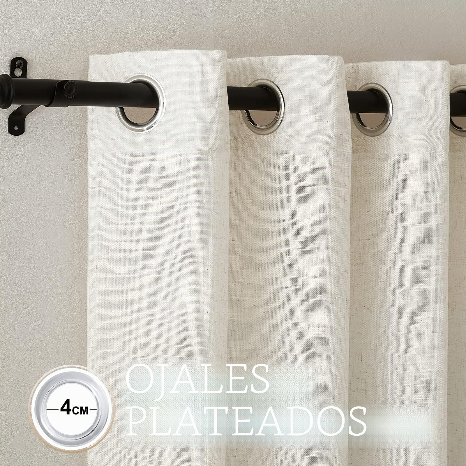PONY DANCE Cortinas Salon Modernas 2 Piezas,Semi-Translucida de Lino | 140x245cm(AnxAl),Crema,Visillos Dormitorio,Transpirable y Filtrado de Luz, Estilo Rustico,Puerta Divisora con Ojales