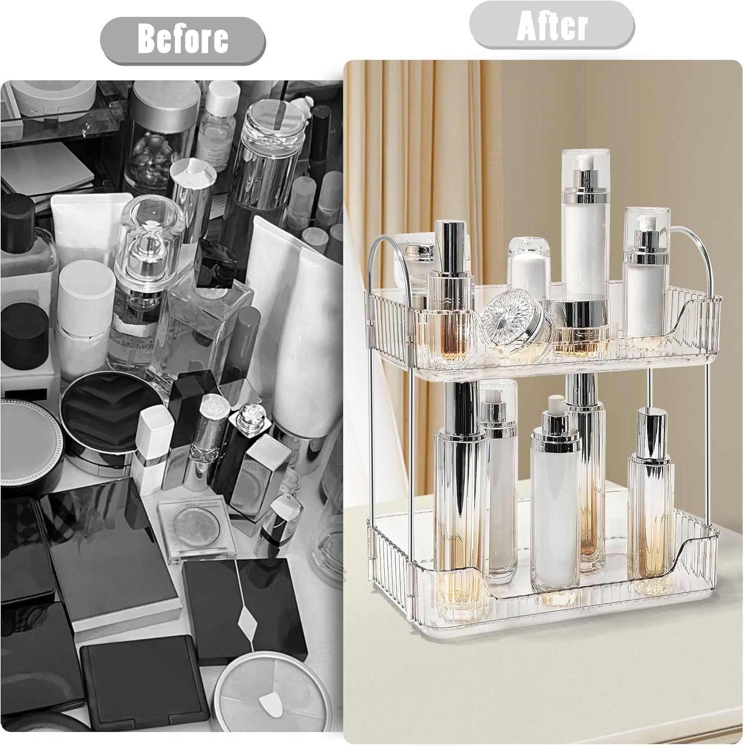 Bathroom Counter Organizer Countertop Storage Skincare Countertop Makeup Organizer Cosmetics Skincare Organizers Holder for Perfume-Clear white-silver pole - Image 3