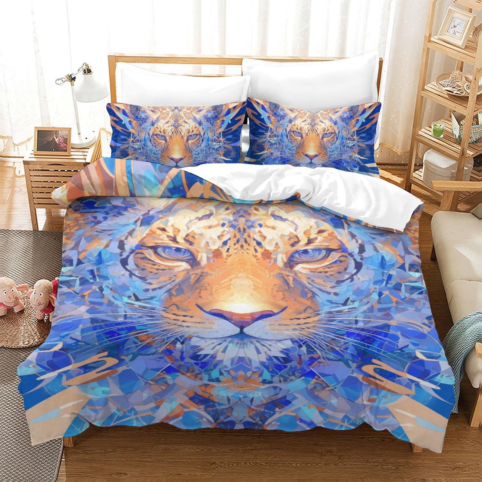 Housse de couette lion 3D douce avec fermeture éclair pour lit 1 personne