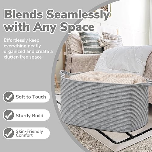 Vista 35 de Goodpick Cesta grande de almacenamiento de juguetes, cestas de cuerda de algodón gris para bebés, niños, cesta de almacenamiento tejida con asa