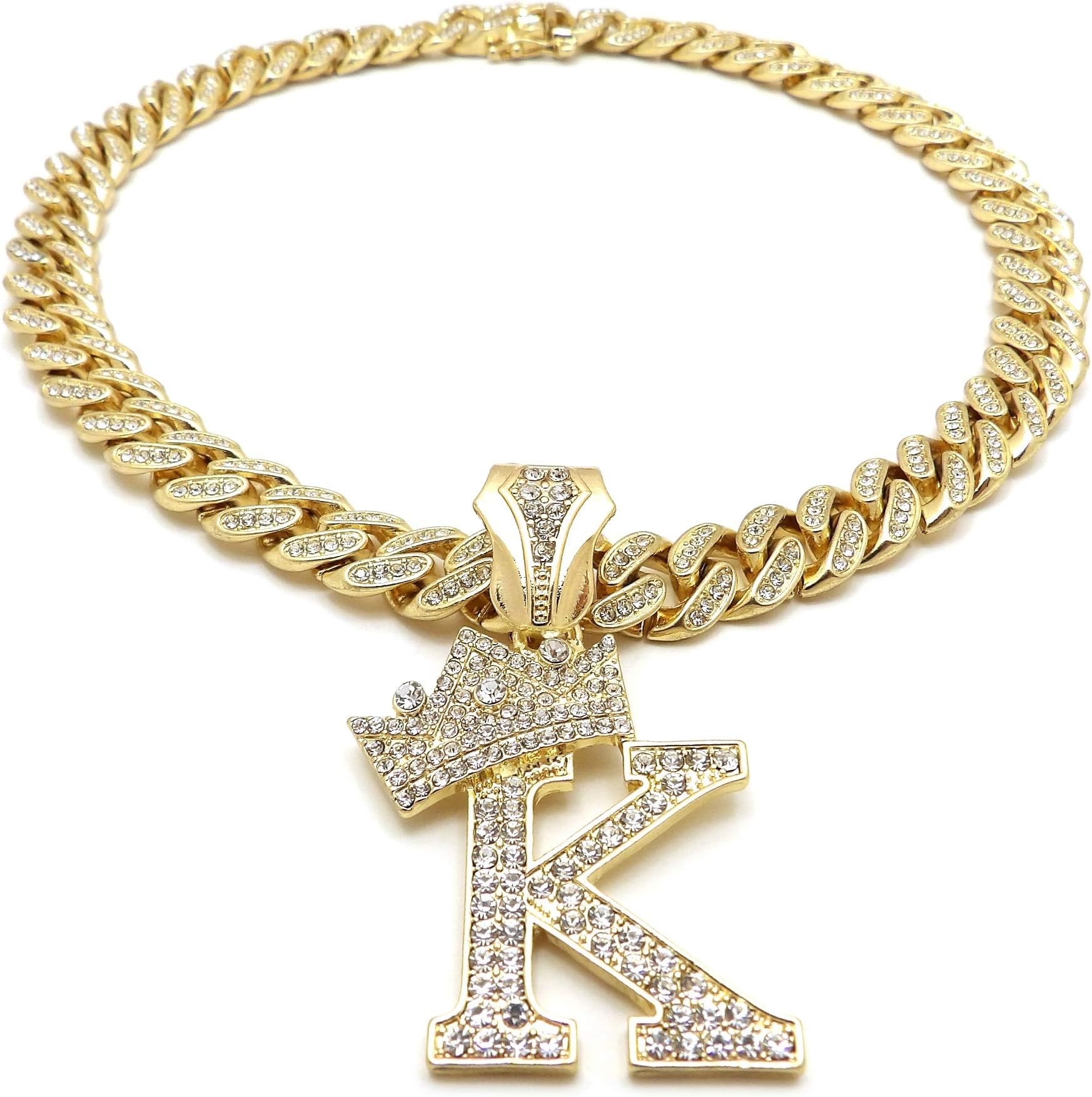 Hip Hop Alphabet Initial K Pendant & 12mm 18" Full Iced Box Lock Cuban Chain Necklace