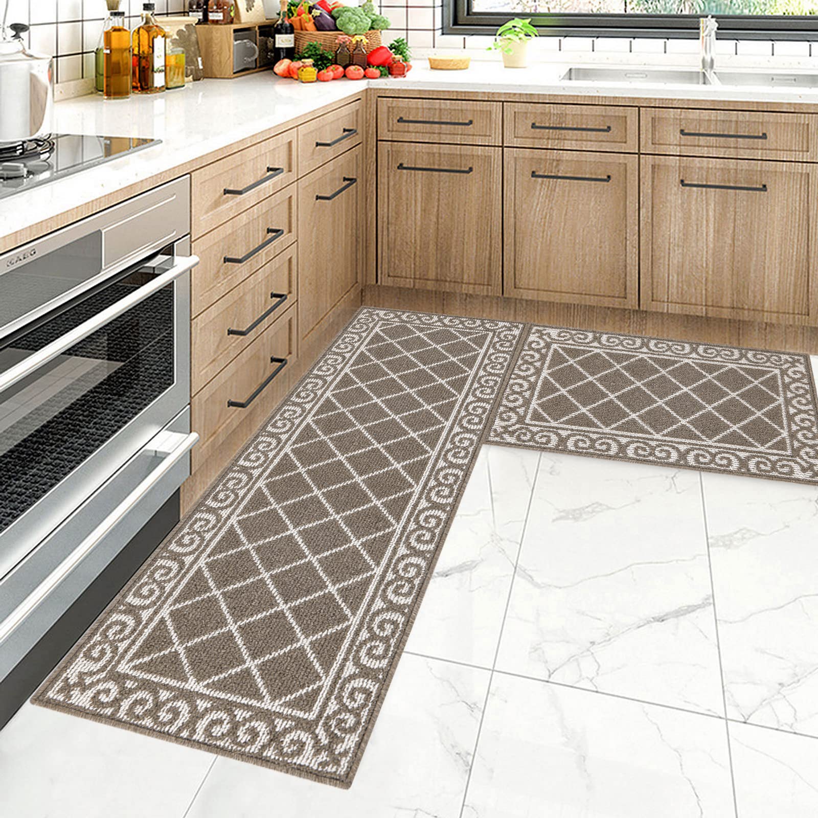 HEBEKitchen Rug Sets 2 Piece with Runner Non Slip Kitchen Rugs and Mats Washable Kitchen Mats Set for Floor Kitchen Carpet Rug Runner for Hallway Entryway Kitchen LaundryOEKO-TEX STANDARD 100