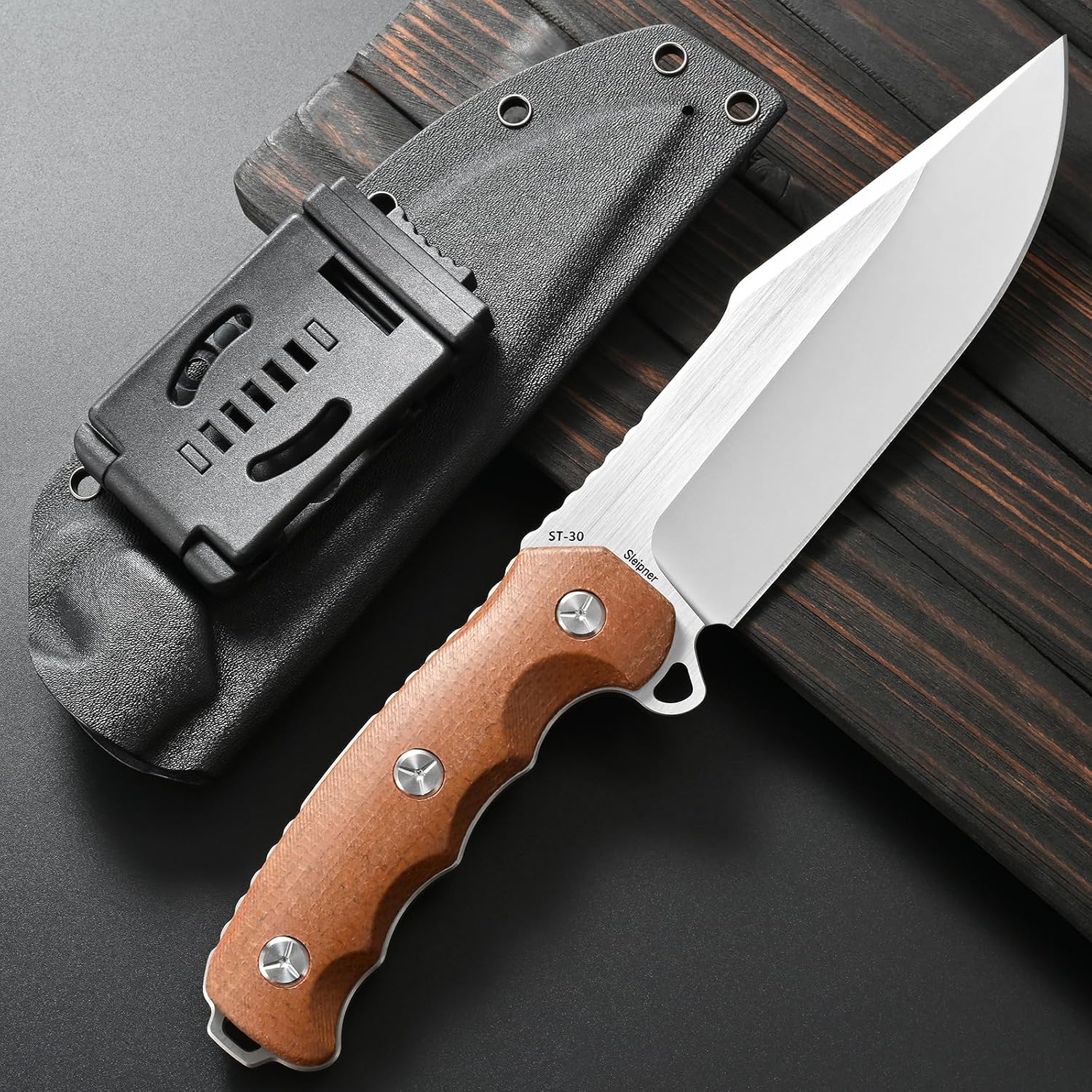 Sitivien ST30 Fixed Blade Knife Sleipner Brushed Steel Blade Micarta Handle Full Tang EDC Straight Knife for Camping Hunting Fishing(Brown)