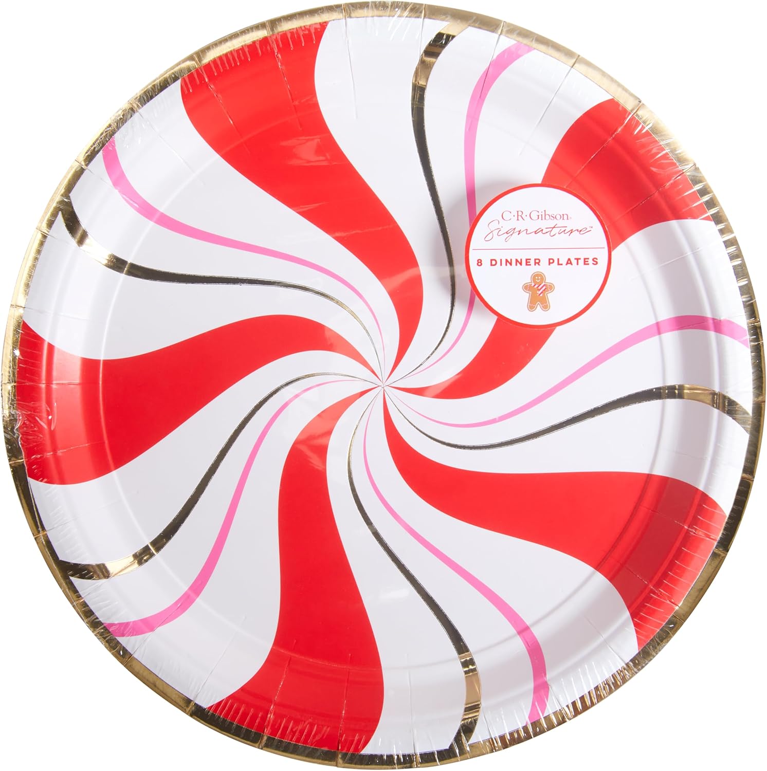 C.R. Gibson Holiday Peppermint Twist with Gold Foil Dinner Paper Plates, 8-Count, 10" Diameter