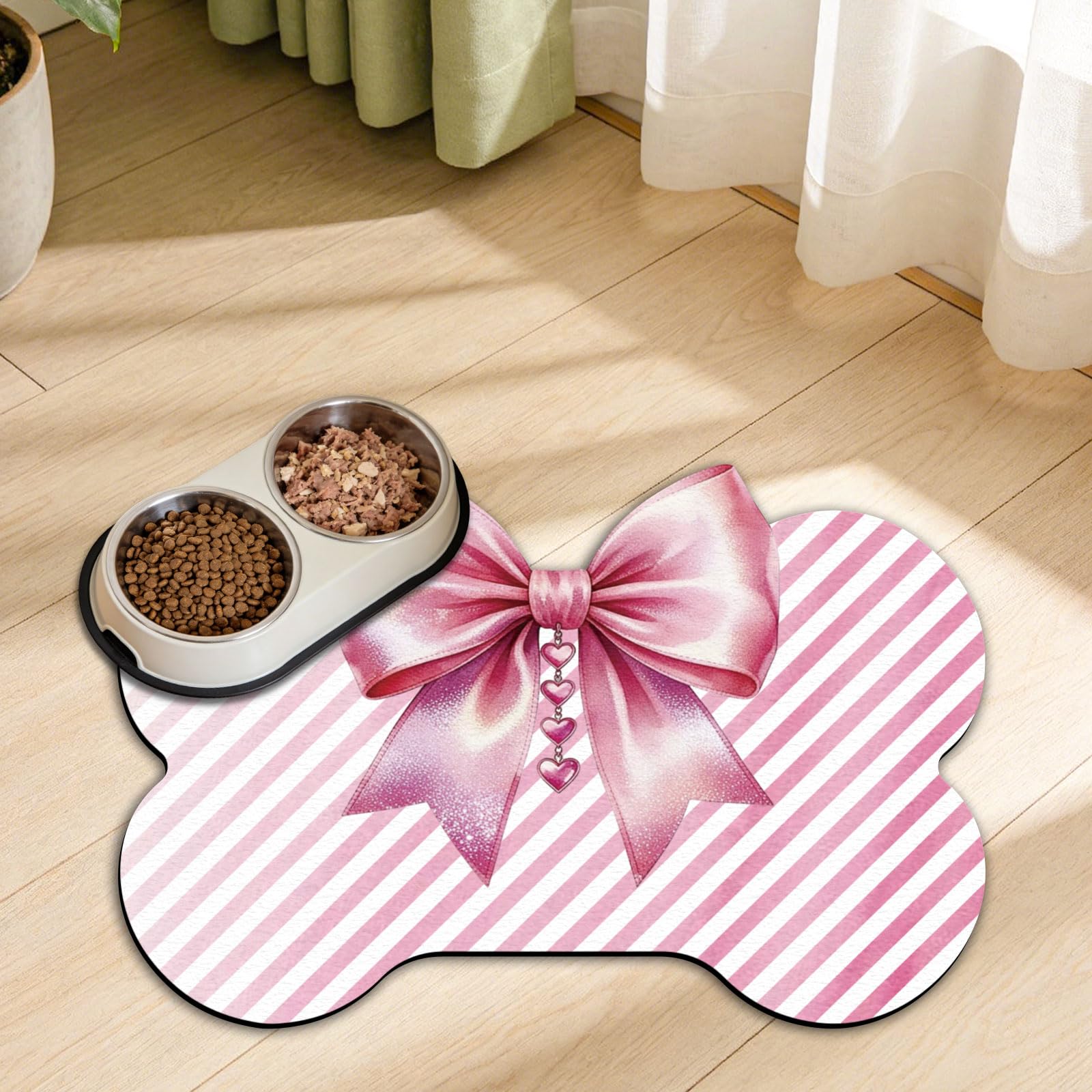 GLOBLELAND Bow and Bone Shaped Pet Food Mat for Floors 23.6x15.7 inch Pink Bownot Prints Feeding Mats Non-Slip Floors Mat Absorbent Pet Placemats for Cats Dogs Bowl and Water Dispenser