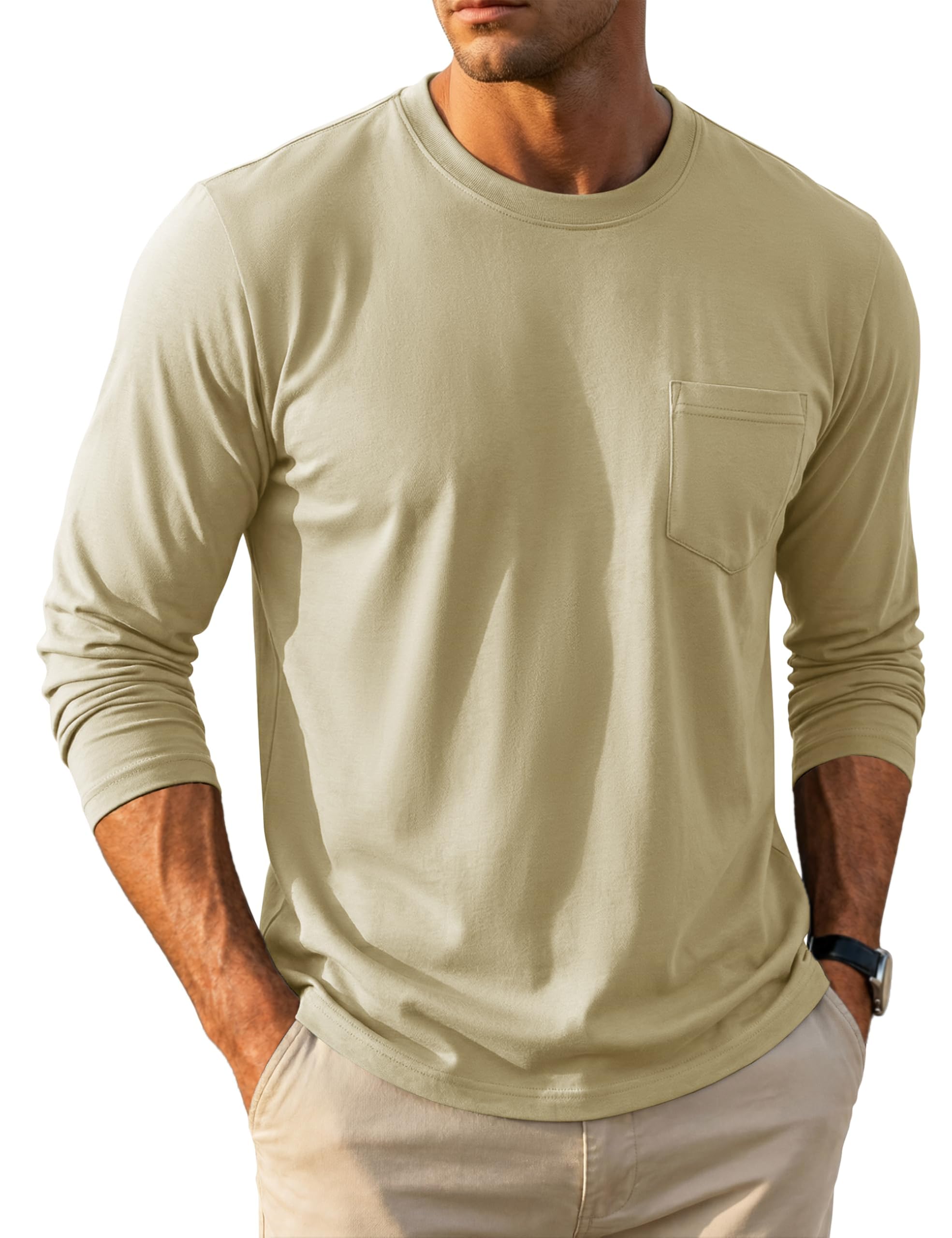 MAGCOMSEN Langarmshirt Herren Longsleeve Shirt Langarm Baumwolle Atmungsaktive Tshirt mit Tasche Freizeit Basic Rundhals