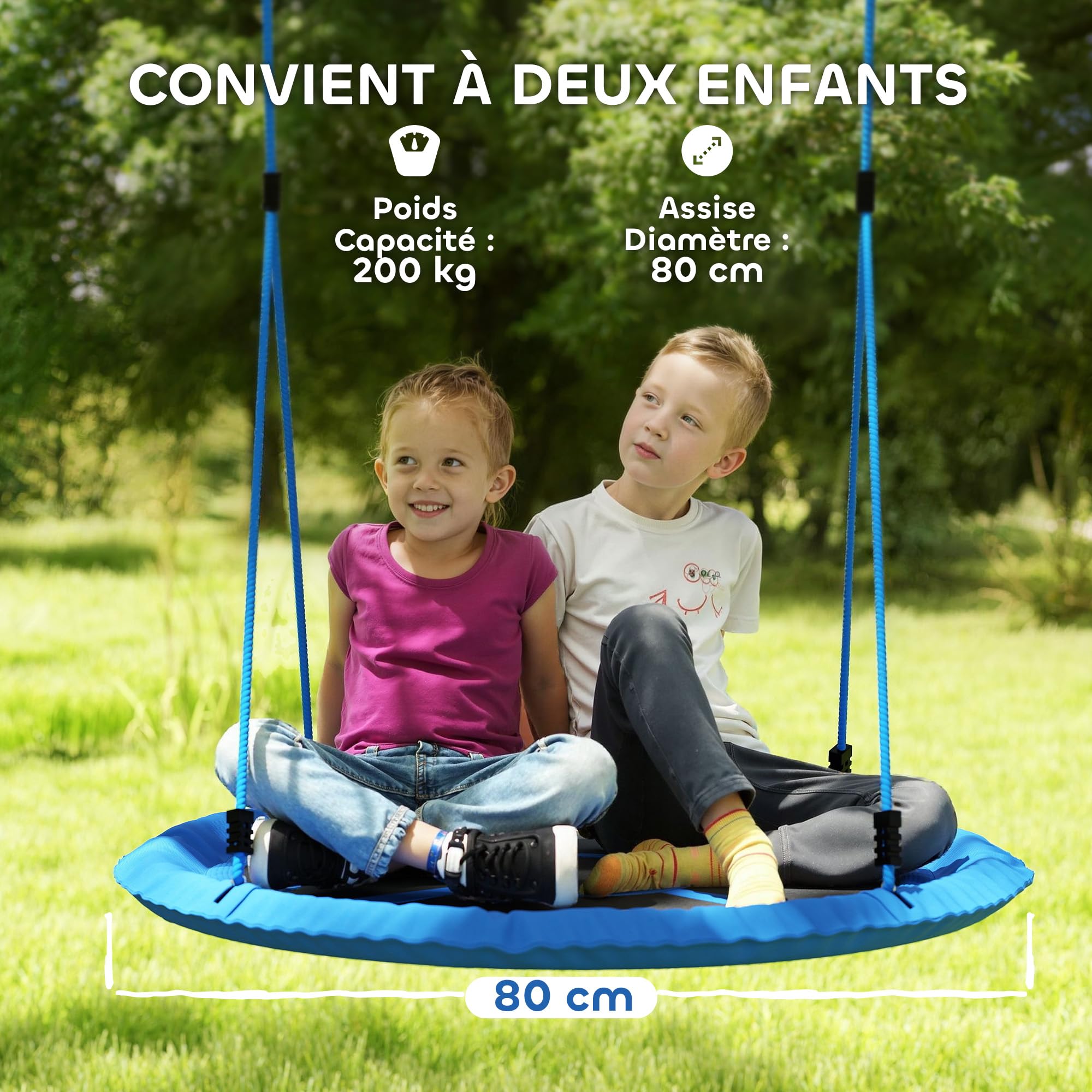 AIYAPLAY Balançoire Nid d'Oiseau Cordes Réglables 2 Enfants Ø 80 cm Bleu | Siège Rond, Charge 200 kg, Aire de Jeux Extérieure, Jardin, Terrasse, Arrière-Cour