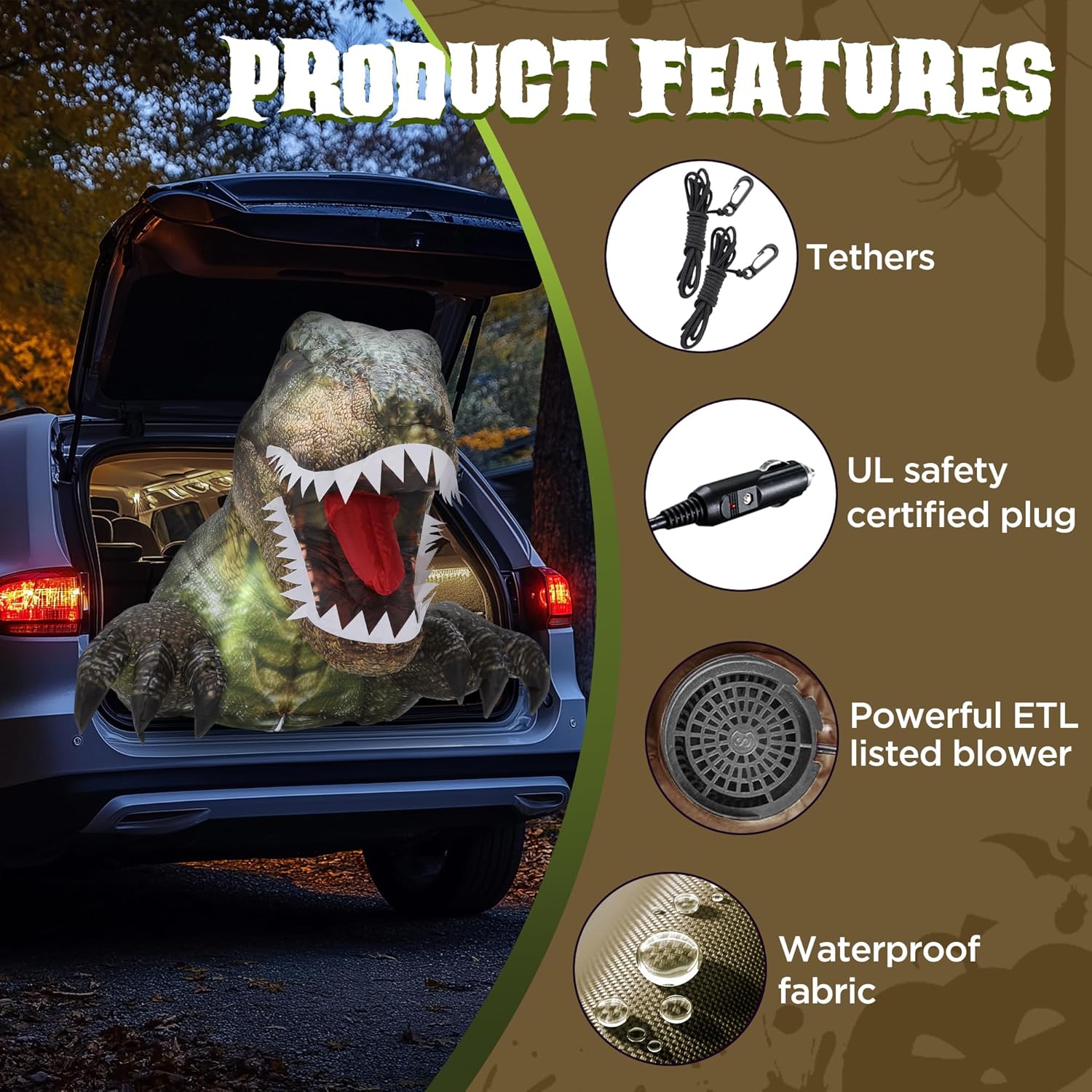 ZPISF 3.6 FT Halloween Inflatables Outdoor Decorations, Trunk or Treat Car Decorations, Blow Ups Animated Dinosaur with LEDs for Halloween Decor