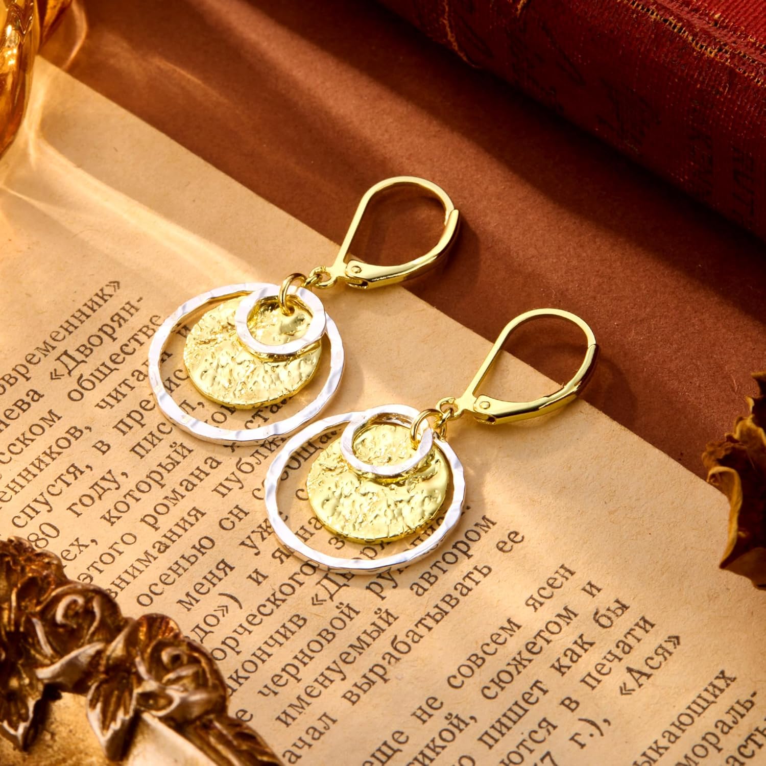 Hypoallergenic Bohemian Disc Leverback Dangle Earrings for Women - Gold/Silver Two-Tone Circle Flat Hammer Pattern Fashion Jewelry Gifts Hammered Drop Earrings - Image 5