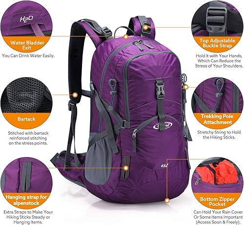 Miniatura 3 de G4Free Mochila de viaje de senderismo de 45L impermeable con cubierta de lluvia, mochila de campamento al aire libre para hombres y mujeres (rojo