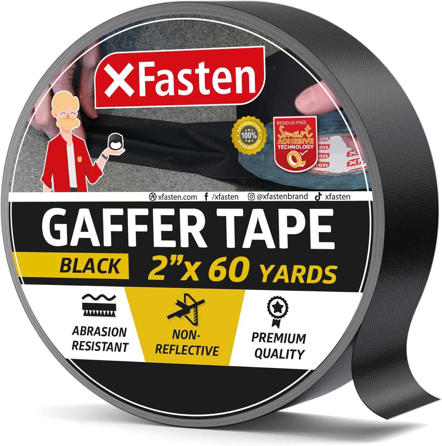 XFasten Black Gaffers Tape 2 Inch X 60 Yards, Multipurpose, No Residue Gaffer Tape, Black Gaff