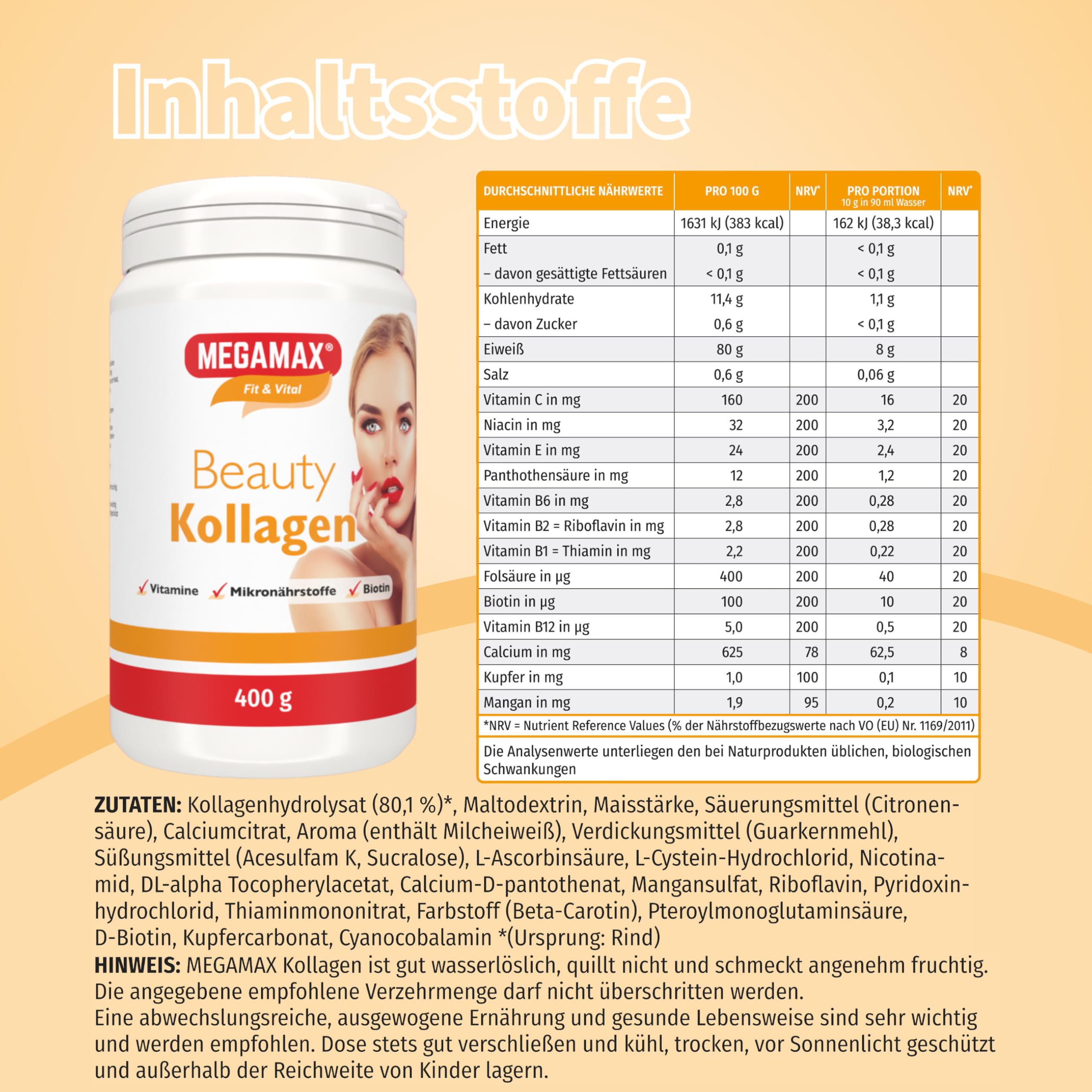 Megamax Nutrition - 3 X 400 g - Beauty Kollagen Pulver - mit Collagen-Hydrolysat Biotin Vitamin C. Orangen-Geschmack. Ideal als tägliche Ergänzung für Haut, Haare und Nägel*.