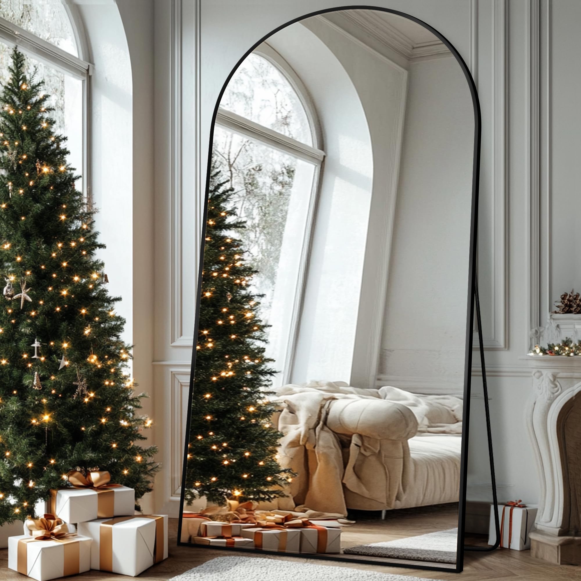 - Full Length Mirror, 44"x82" Oversized Floor Mirror with Stand for Bedroom, Living Room Cloakroom, Black, Arch Style