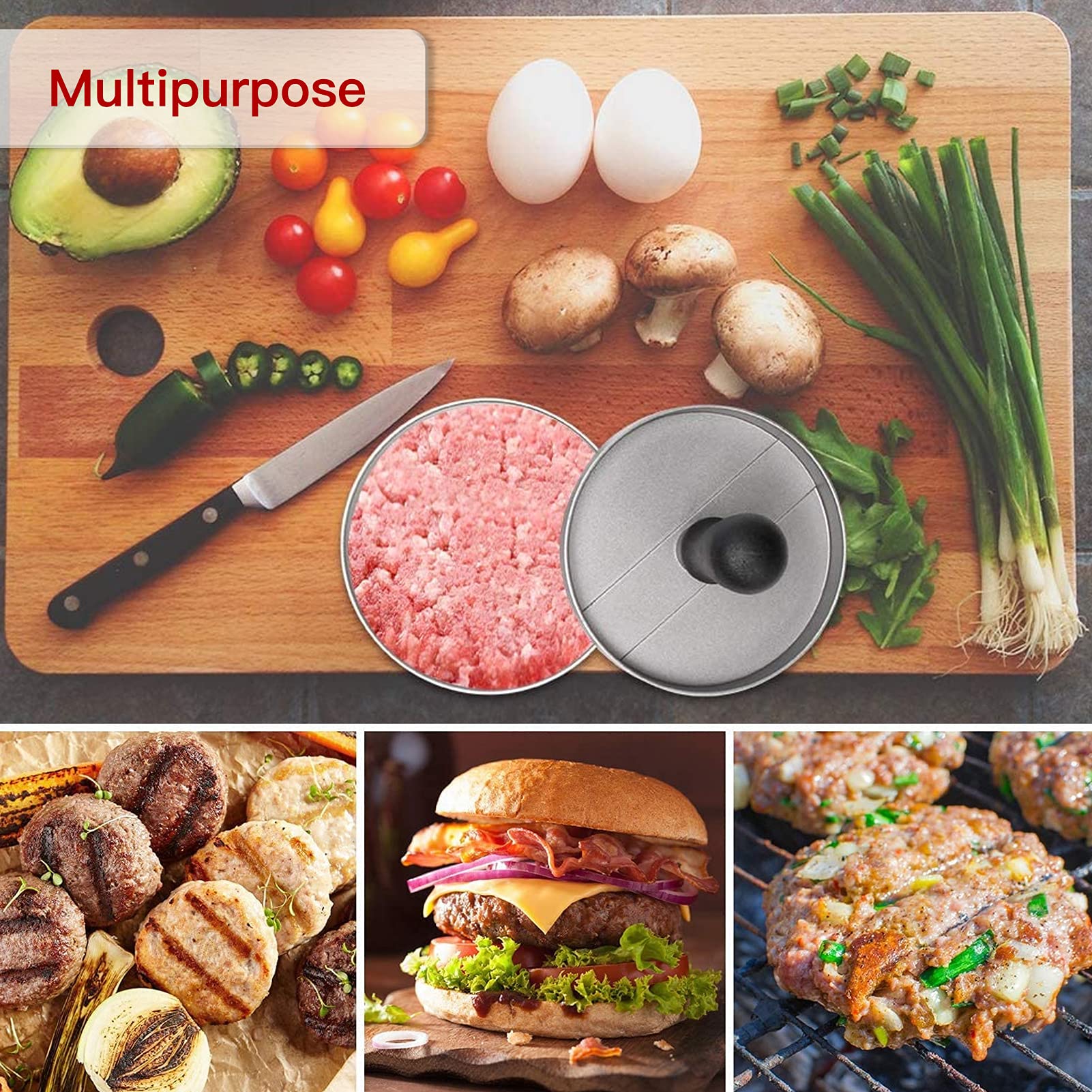 Pressa Hamburger in Alluminio - Stampo per Hamburger Antiaderente con Set di 100 Carta per Hamburger - Ideale per Hamburger di Carne e Vegetariani - Accessorio per Barbecue
