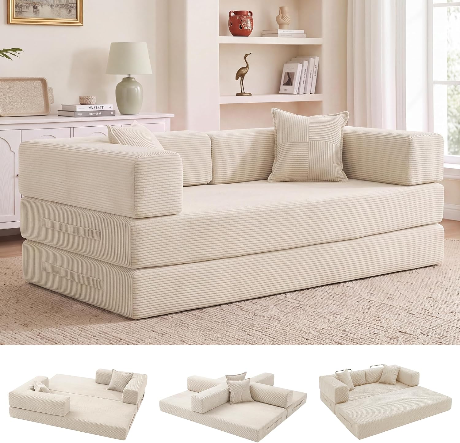 Vipbear Sofá Cama de Suelo 200cm,Plegable de Boneless de 2 plazas,Blanco