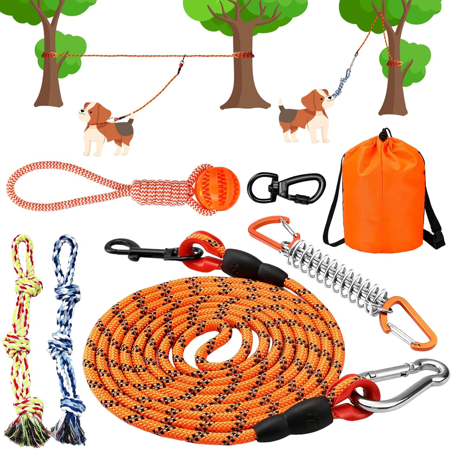 Abbylike Dog Tie Out Cable for Camping,50 ft Long Dog Cable with Carrying Bag for Camping Portable Overhead Trolley System,3 Dog Bite Rope Toys Tree Tug Toy with 1 Buffer Spring for Yard Park Outdoor