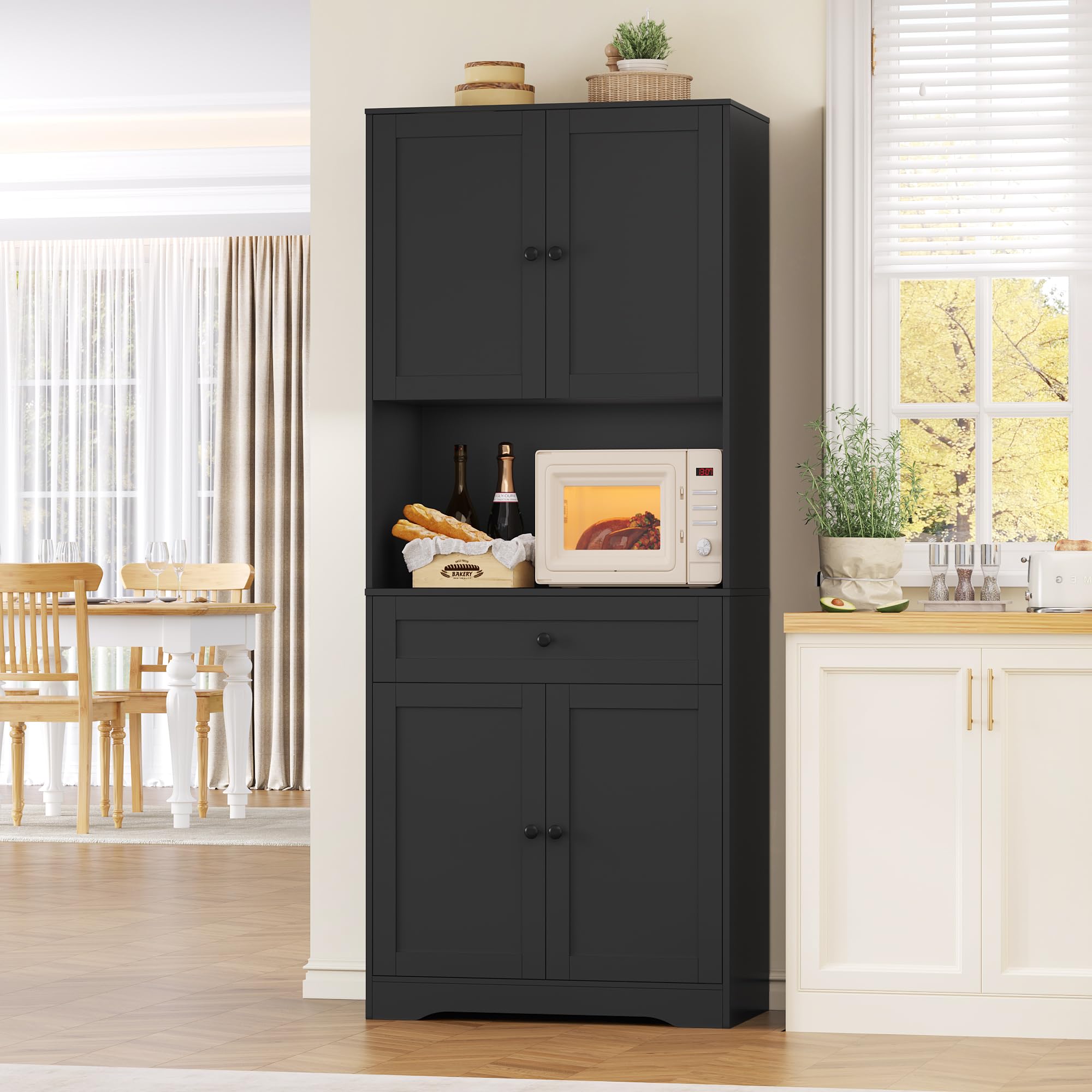 FOREHILL Credenza Cucina Alta 180CM, Mobile Dispensa Cucina con 4 Ante, Credenza Alta con Ripiani Regolabili e Grande Cassetto, Per Cucina, Bagno, Soggiorno, 75x40x180cm (Nero)