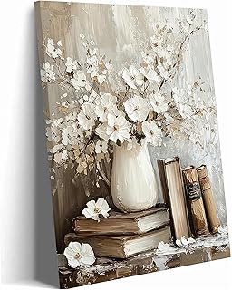 Vintage Books Canvas Wall Art Farmhouse Rustic Floral Painting Picture Wall Decor Still Life Flowers Poster Print Artwork for Countryside Farmhouse Library Gallery Living Room Home Decoration