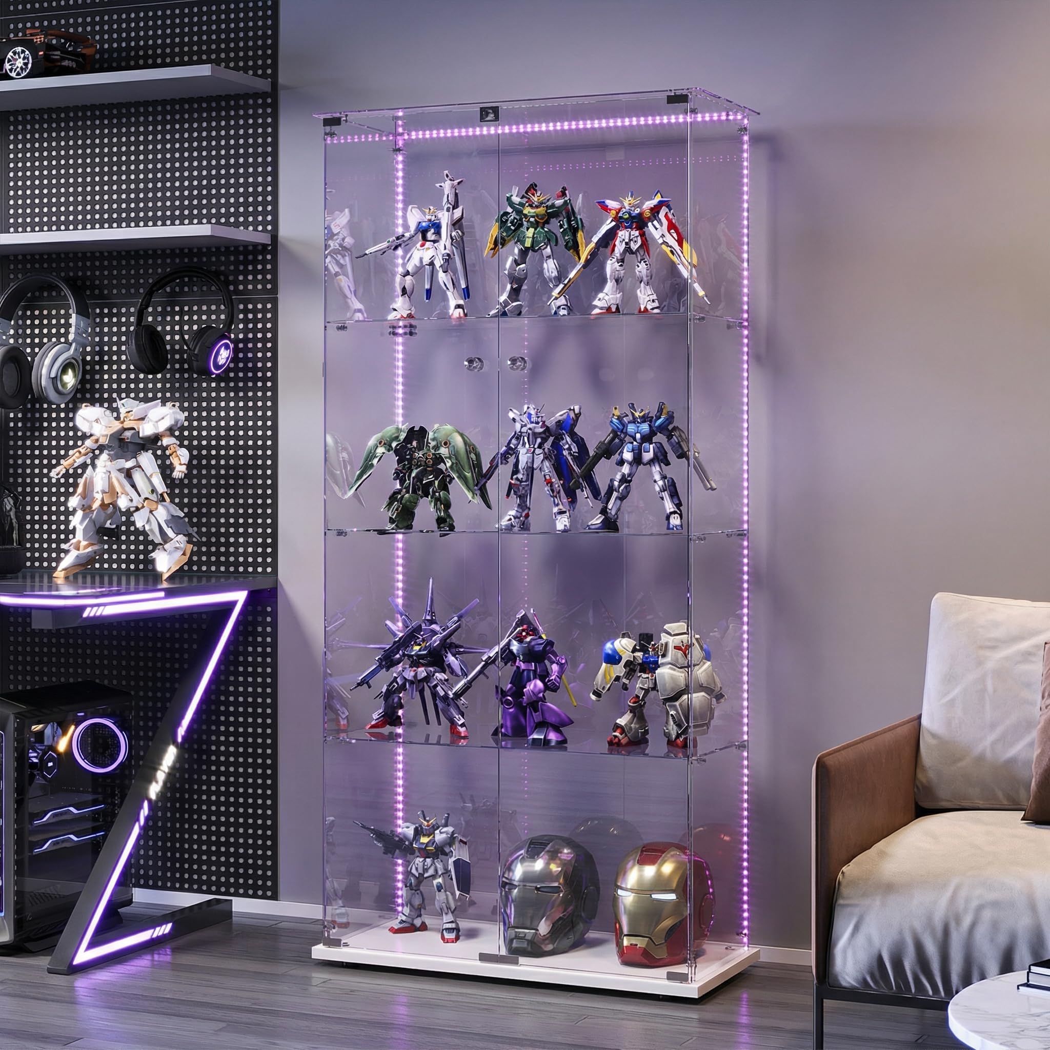 Vitrina de cristal con iluminación LED, vitrina de pie con 4 capas de vidrio, armario de exhibición con 2 puertas y cerradura, vitrina de cristal para sala de estar, oficina, piezas de