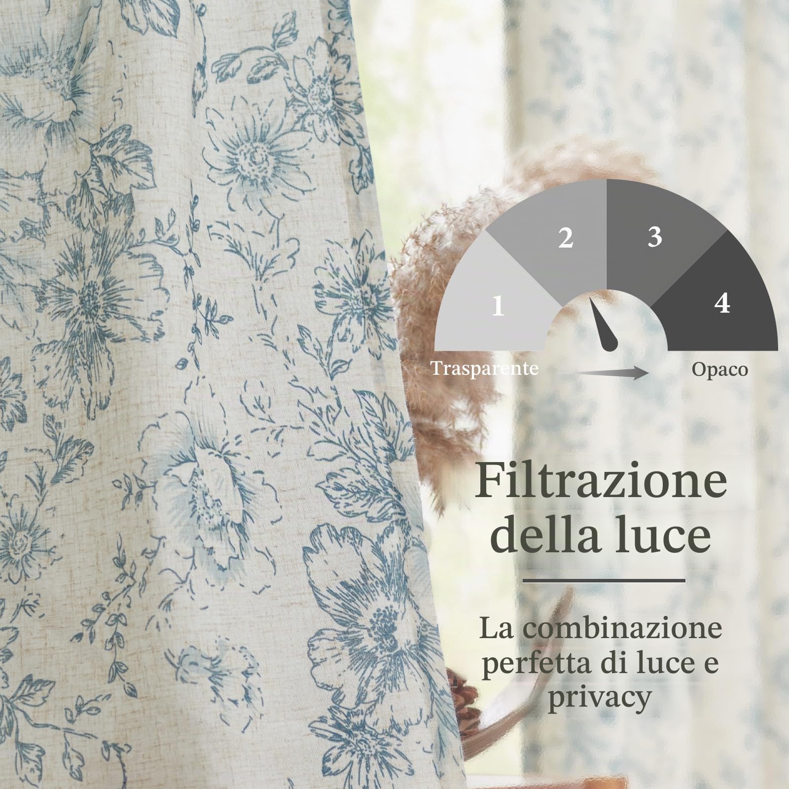 TOPICK Tende floreali in lino con passanti nascosti, traslucide, per soggiorno, camera da letto, set da 2 pezzi, 140 x 210 cm (larghezza x altezza), blu su beige