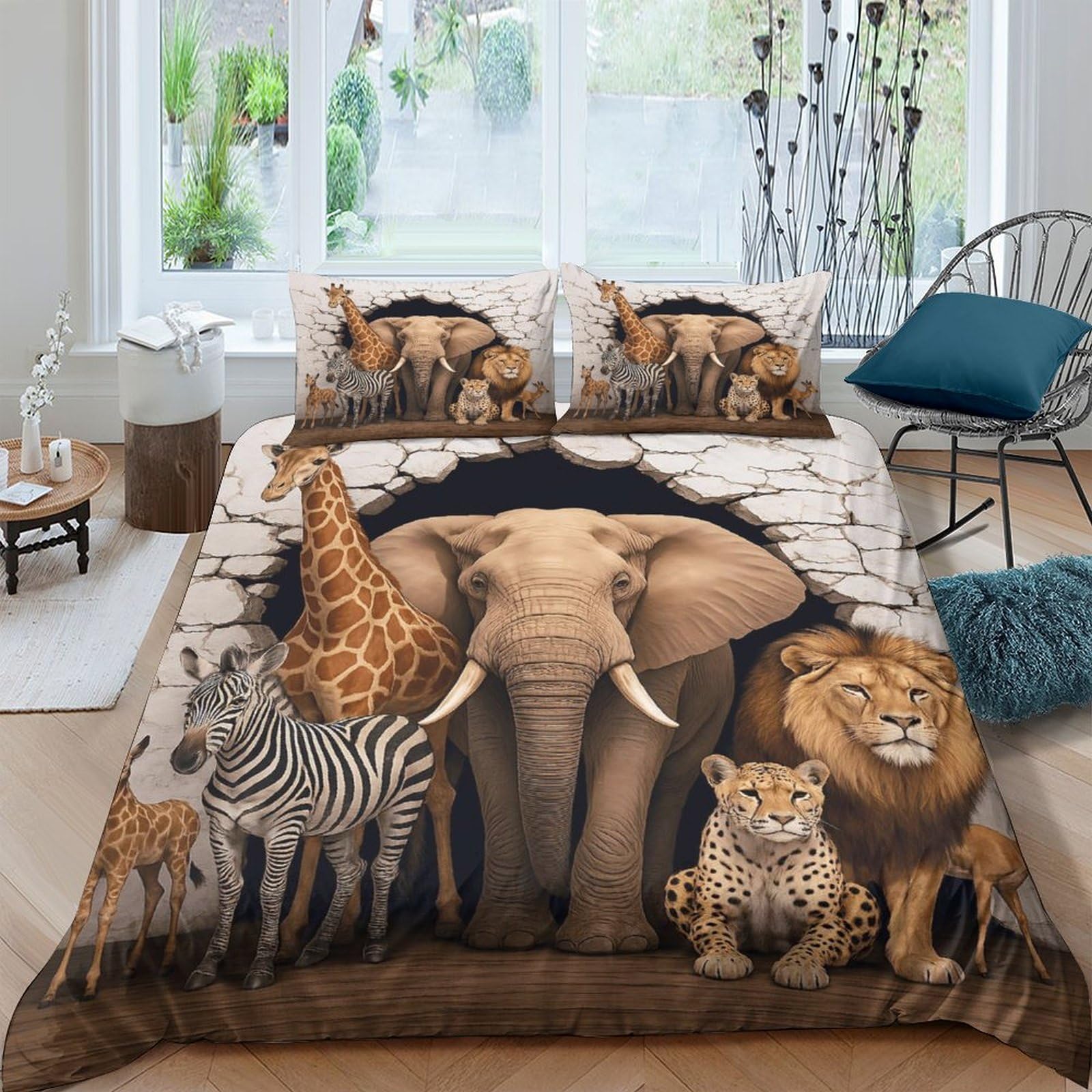 Ctjqhvkz Style-8 3D Printed African Safari Animals Fitted Sheet Microfiber Anti-Slip Lion Elephant Bed Cover For Bedroom Dorm Decor Single（135X200cm）