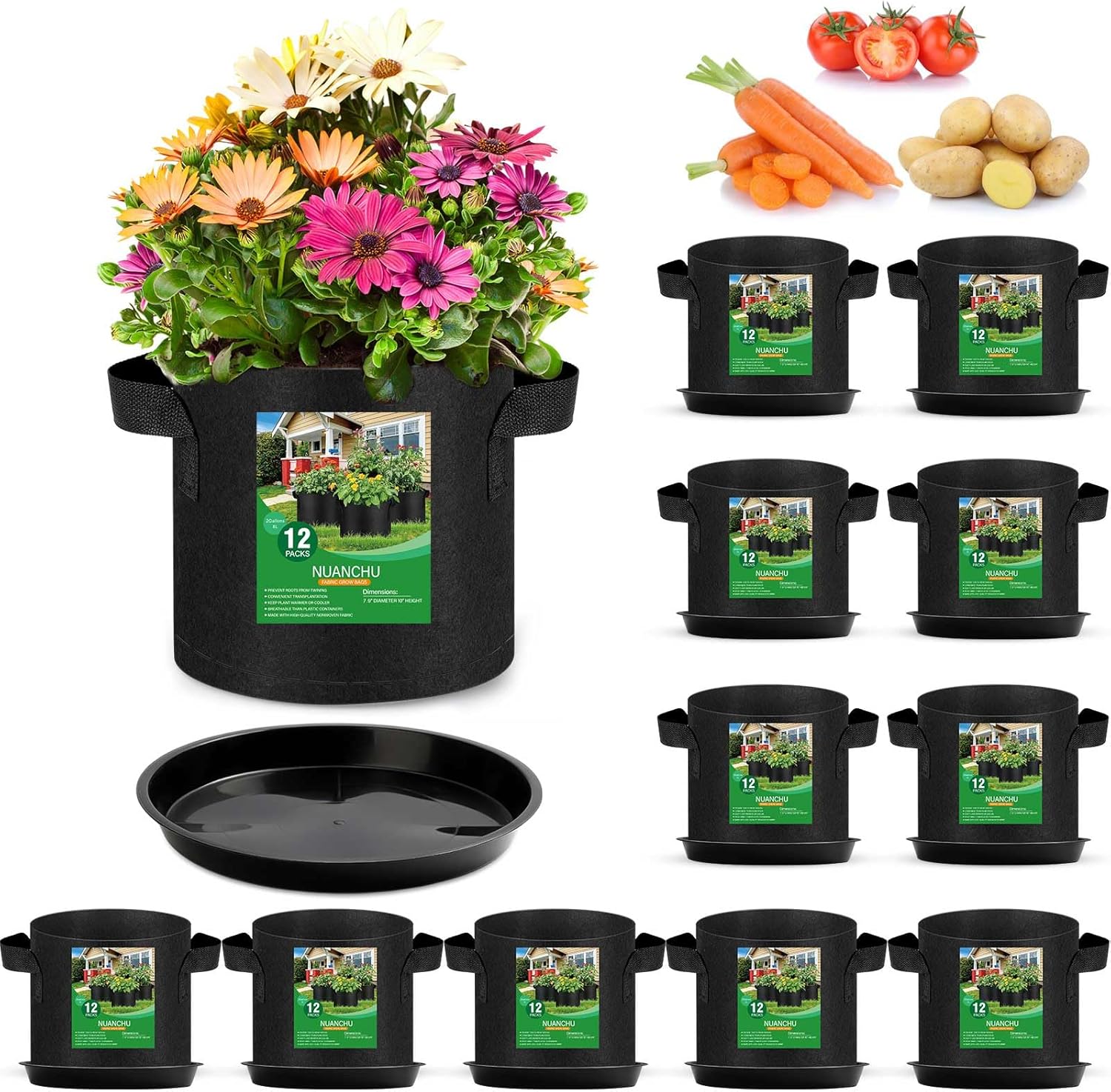 Funnymoom 12 Sets 2 Gallon Grow Bags with Plant Saucers, Durable Fabric Plant Pots with Handles, Aeration Drainage Planter Bags for Planter, Reusable Garden Bags Drip Trays Set for Indoor Outdoor