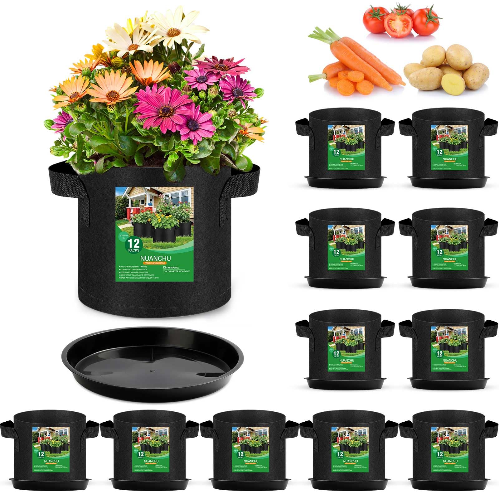 Funnymoom 12 Set 2 Gallon Grow Bag Fabric Plant Pot with Saucer and Handles