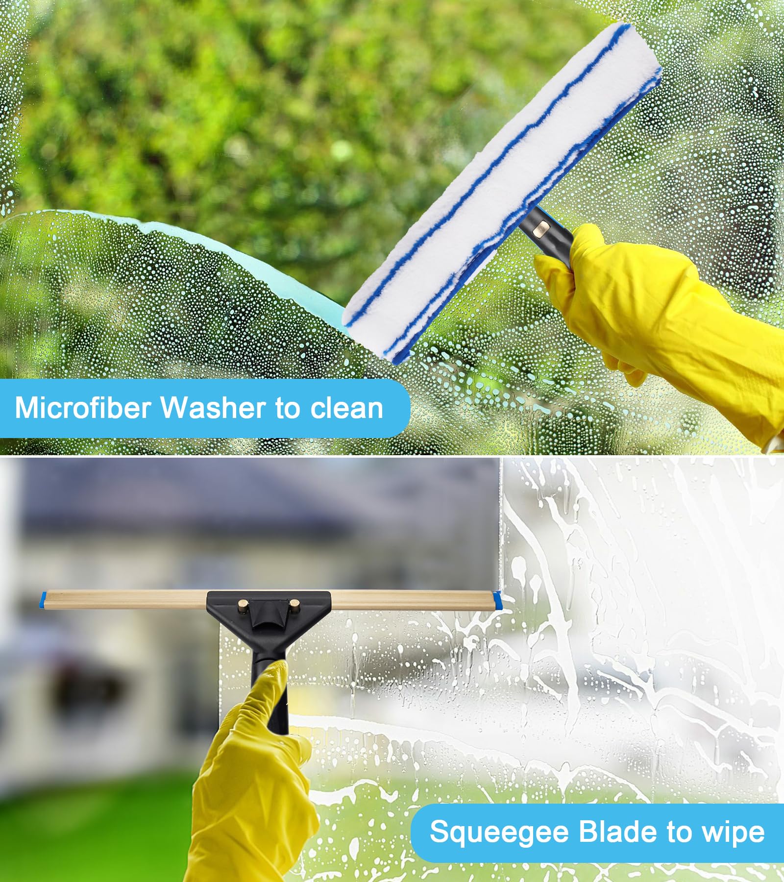 Kit de limpieza de ventanas con cubo de almacenamiento, escobilla de ventana con poste de extensión de 4.5 pies, estropajo, botella de spray de 20 onzas, paño de plumero