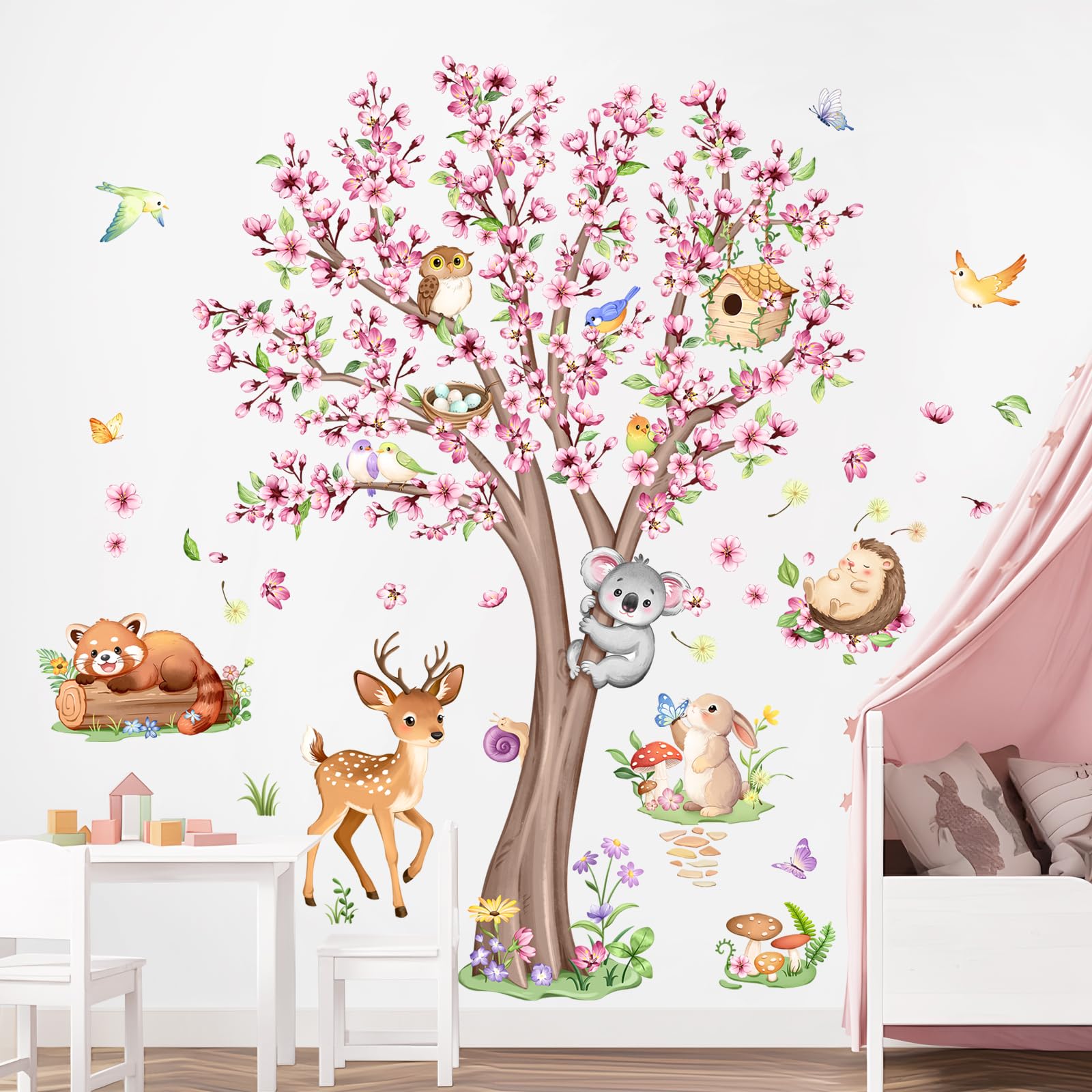 Supzone Animals Flower Tree Wall Stickers Large Pink Cherry Blossom Deer Wall Decals for Girls Nursery Kids Baby Living Room Bedroom Home Decor - Image 3