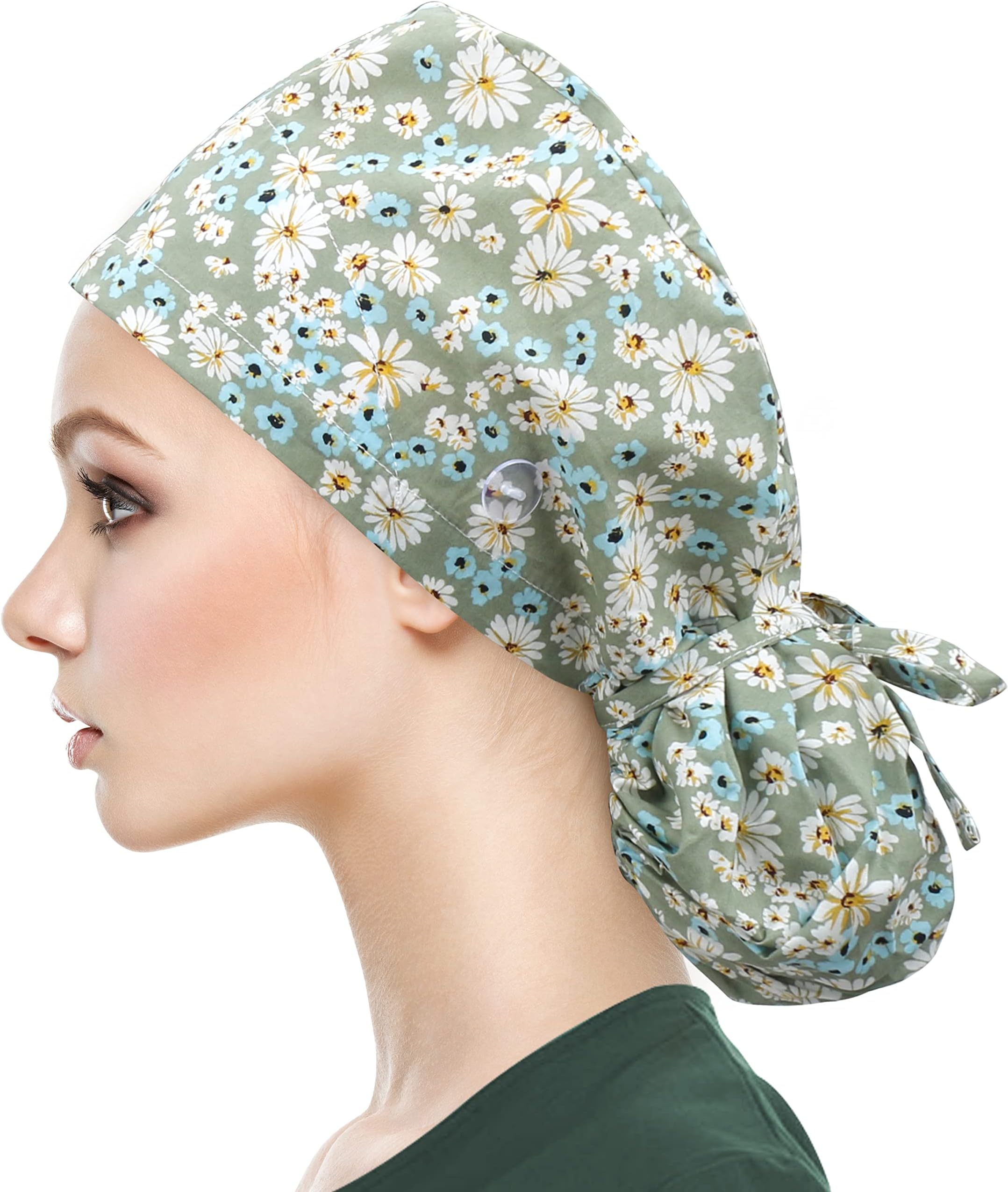 QBA Adjustable Working Cap with Button, Cotton Working Hat Sweatband, Elastic Bandage Tie Back Hats for Women & Men, One Size, Green Daisy Pt, One Size