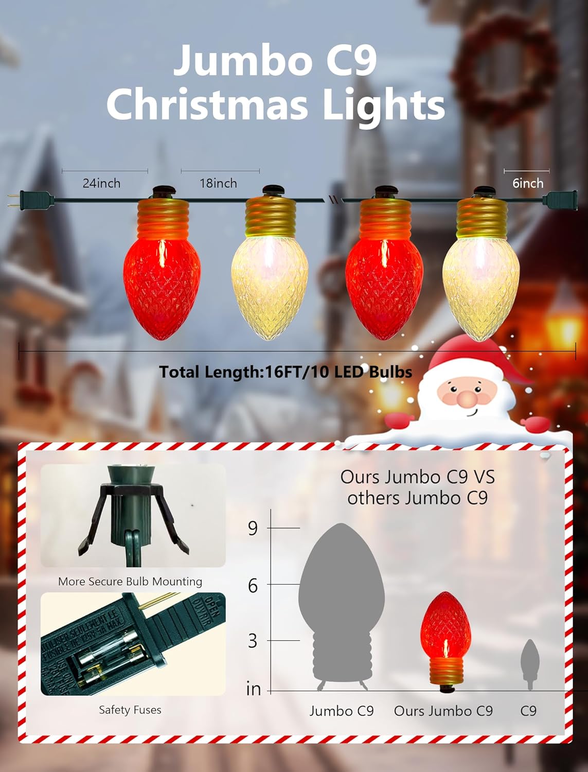 Jumbo Christmas Lights Outdoor - 16ft Multicolor LED Red & White Large Bulb with Diamond Pattern, Connectable & Replaceable, UL Listed Waterproof Big Christmas Lights for Holiday Decorations - Image 2
