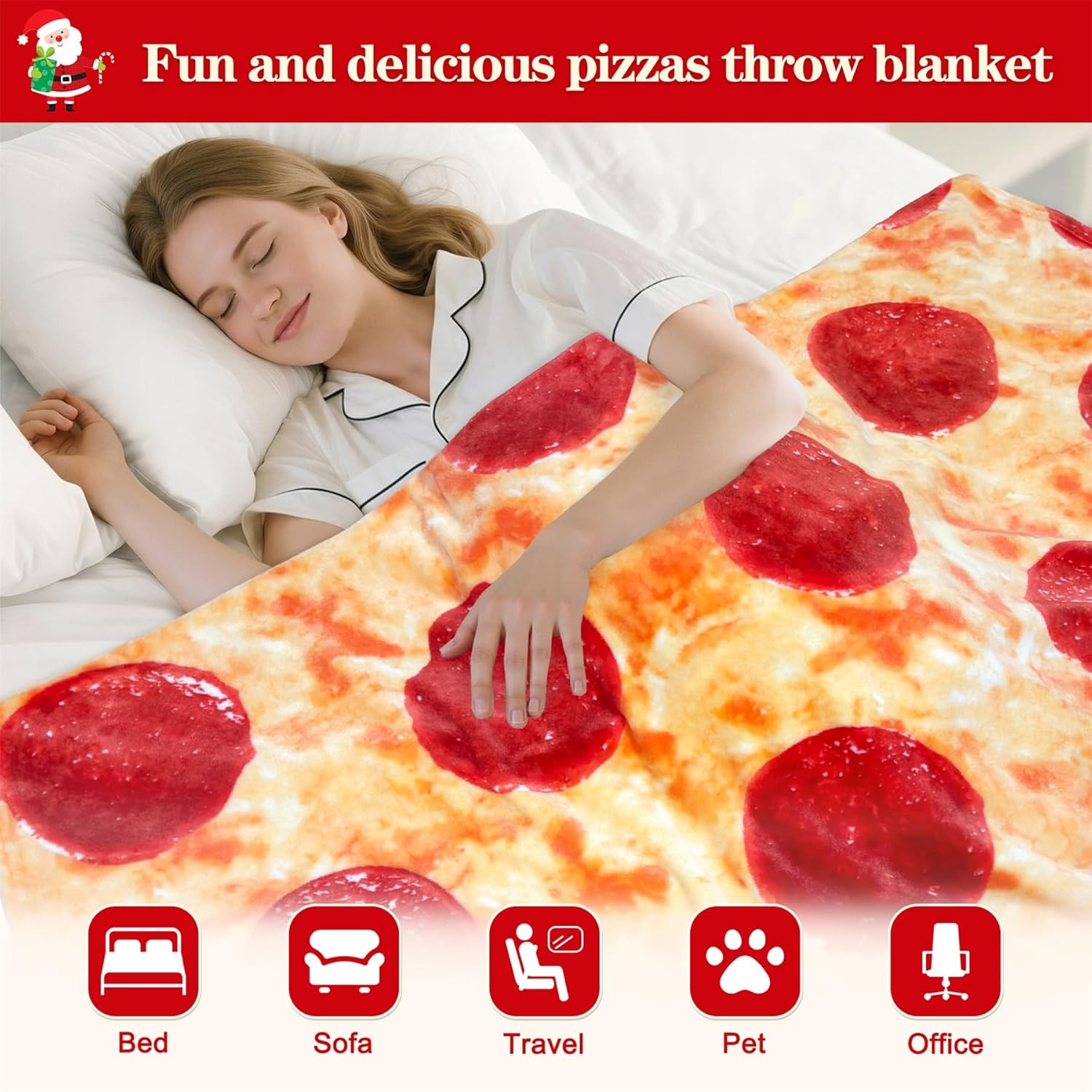 mermaker Pepperoni Pizzas Blanket 71 inches for Adult Kids, Realistic Pizzas Throw Blanket Funny Gifts for Women Men Teen Boy Girl, 285 GSM Soft Flannel Food Blanket for Christmas Birthday Gifts-Red - Image 4