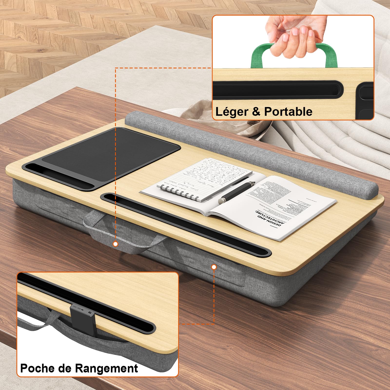 PUTORSEN Bureau Portable pour Ordinateur Portable jusqu'à 17,3 Pouces avec Coussin d'oreiller et Tapis de Souris, Jaune