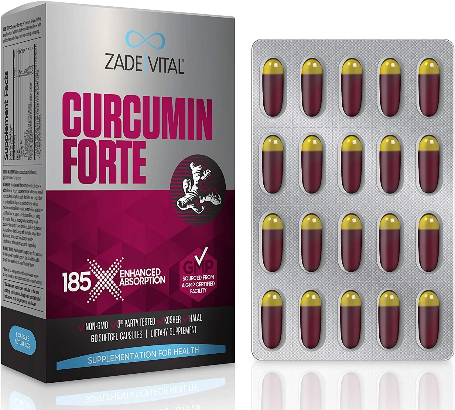 Zade Vital Curcumin Forte, Turmeric Curcumin Supplement - Support Immune, Digestive, Heart Health, Dietary Supplement, 185x Better Absorption, 1000 MG, 60 Softgels Turmeric Capsules - 2 Months Supply