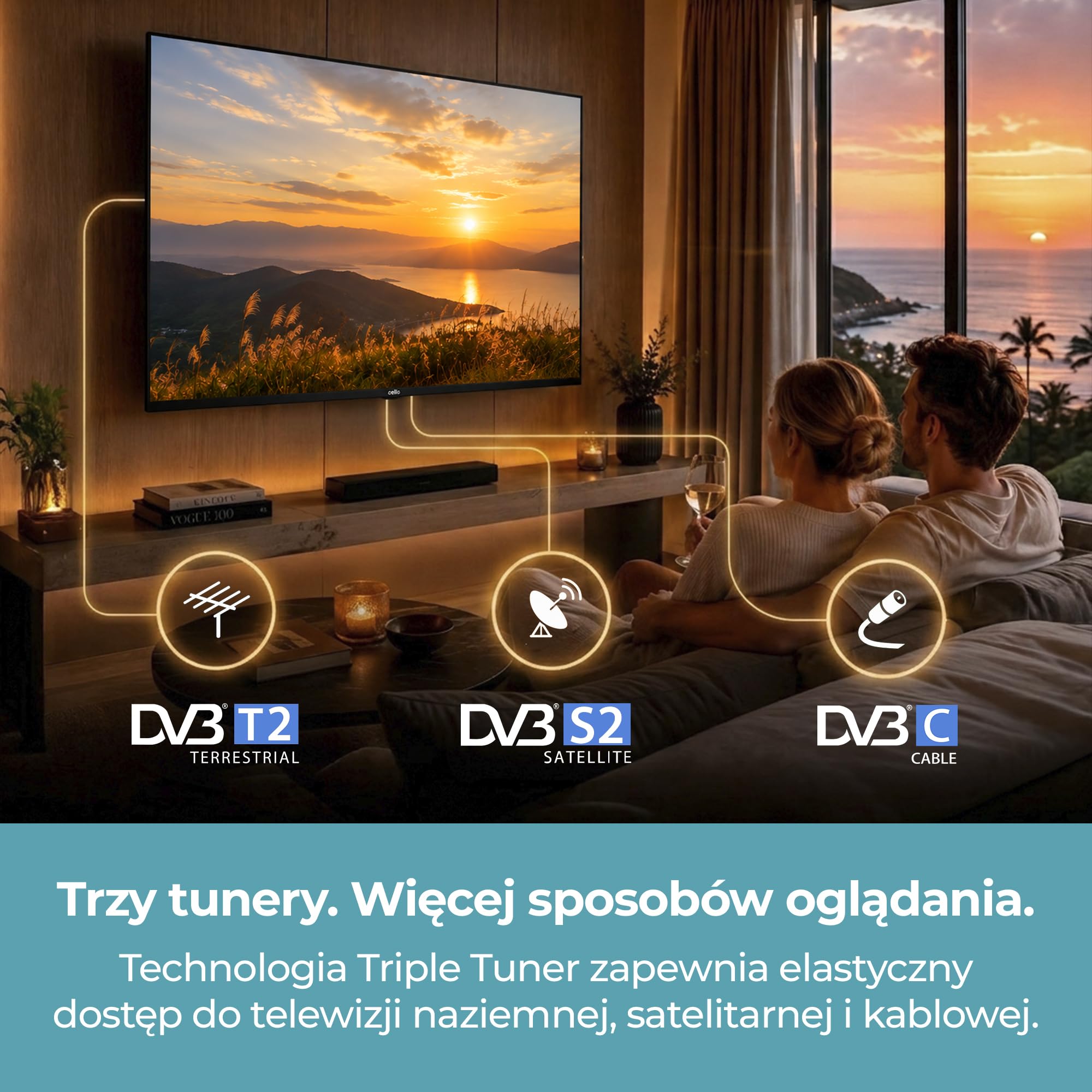 Cello CTRAV-32TZ Smart TV LED 32" bezramkowy 12V z systemem Tizen OS, gry w chmurze, głośniki Pitch Perfect, HDMI, Bluetooth, potrójny tuner