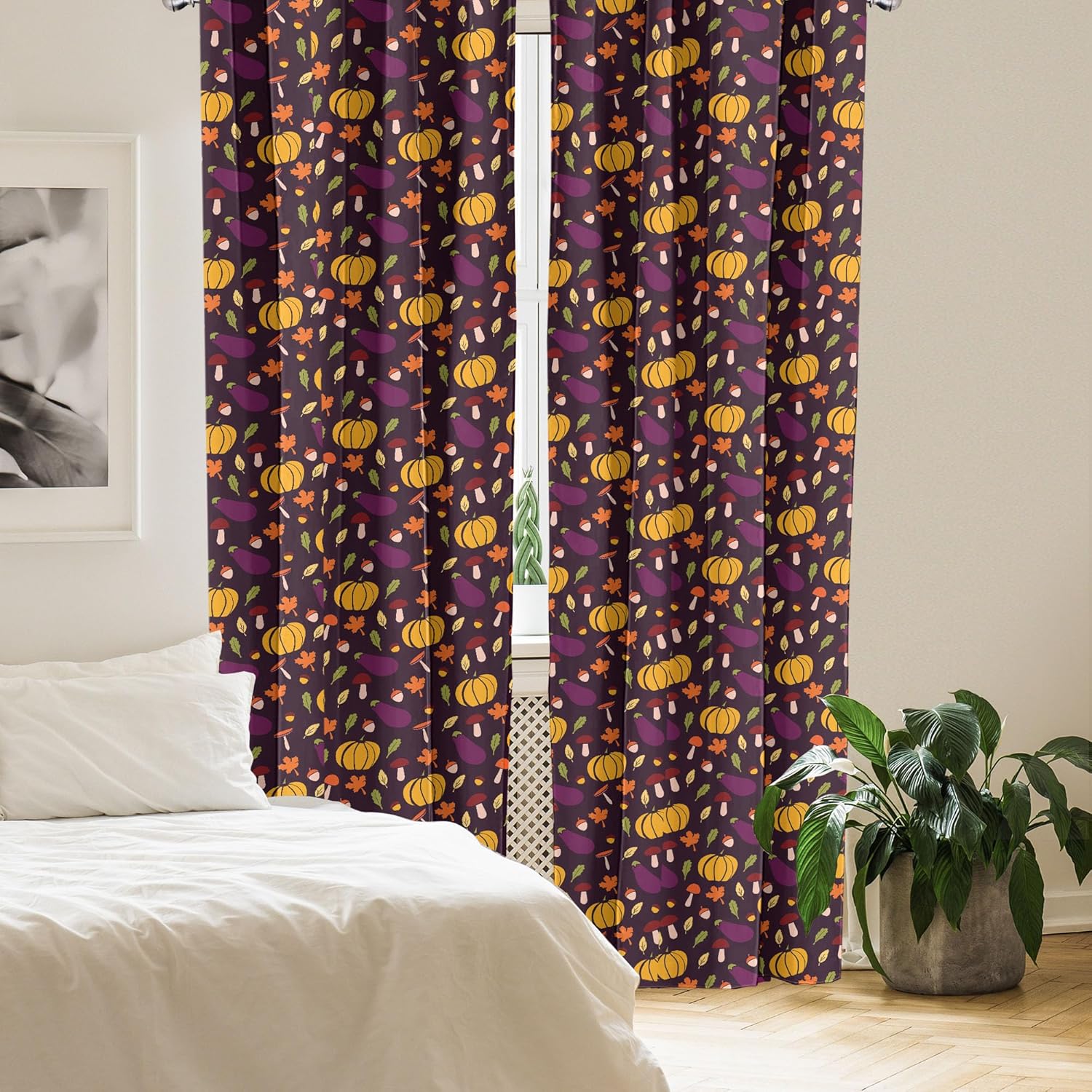 Ambesonne Autumn Window Curtains, Pumpkin Acorn Mushroom Seasonal Vegetable Veggies Tree Leafs Composition, Lightweight Decor 2-Panel Set with Rod Pocket, Pair of - 28" x 95", Maroon Marigold