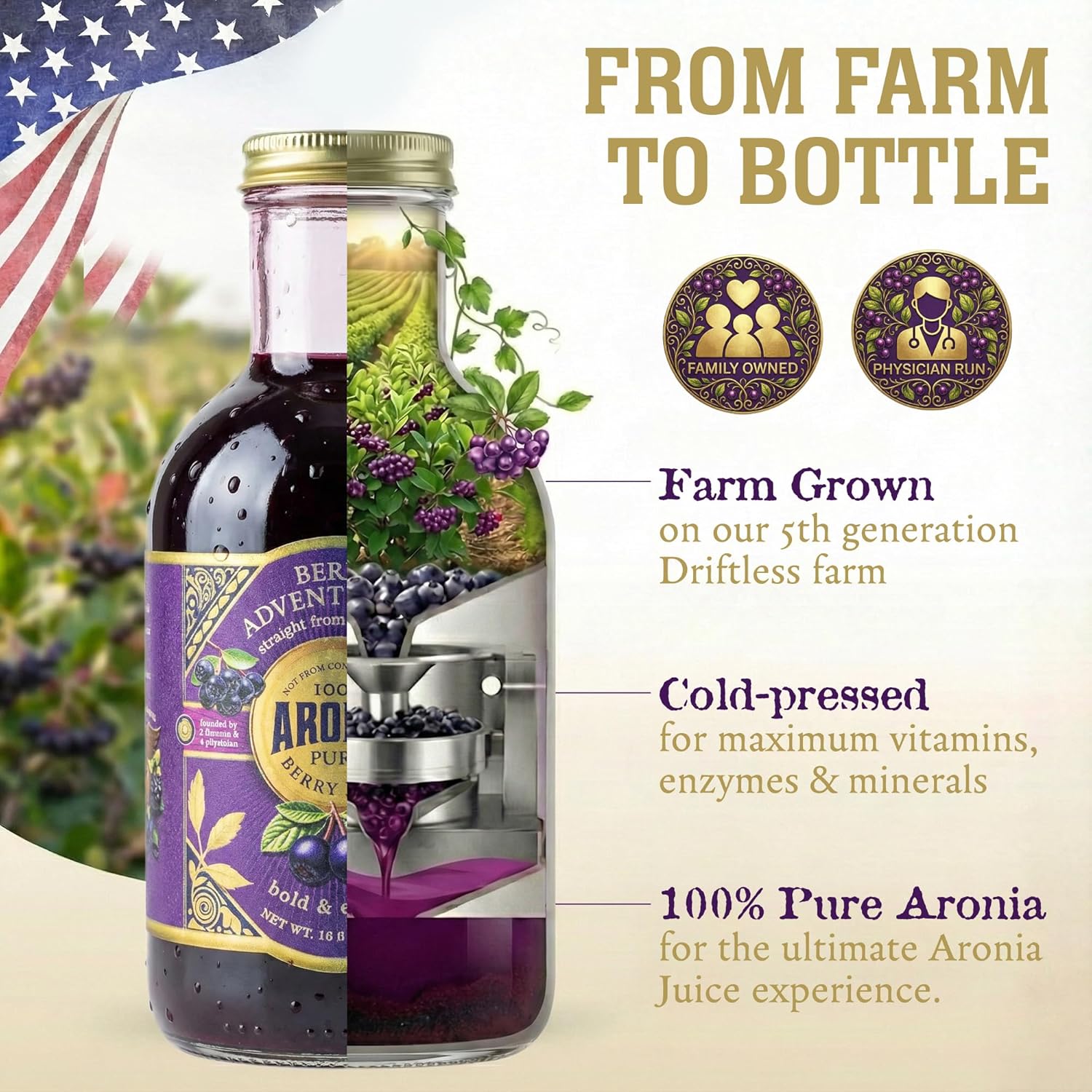 Berry Adventurous Natural Aronia Berry Juice (30 Fl Oz) – Proudly 100% USA Grown, Full Strength, Cold Pressed, Semi-Sweet Aronia Juice – Packed with Powerful Antioxidants - Farmer Physician Founded: Viroqua Aronia