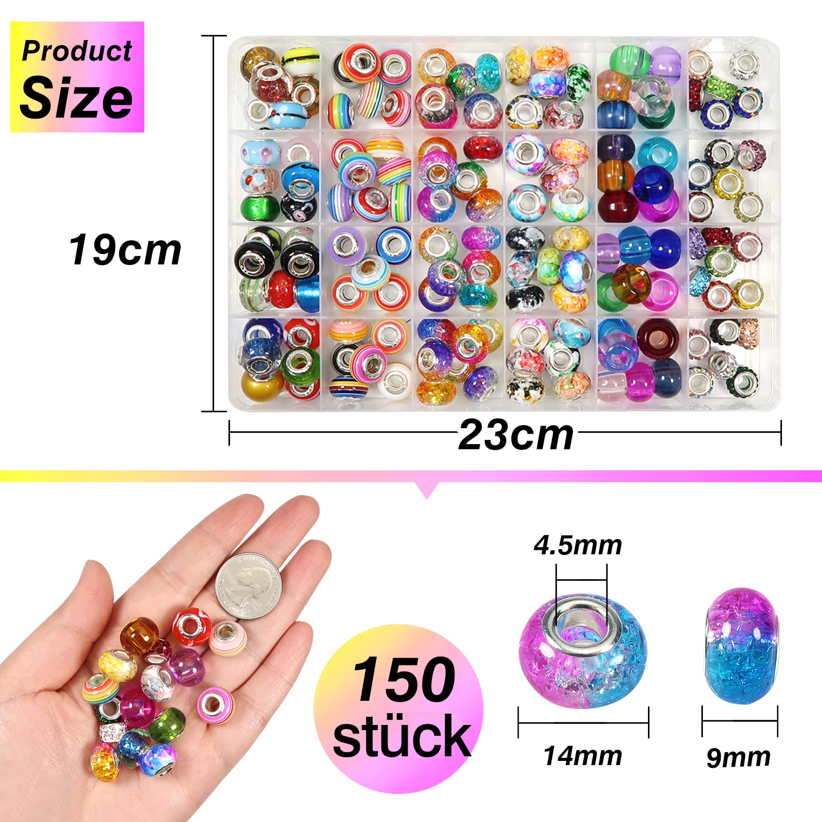 TOAOB 150 Pezzi Perline Europee 14mm Grandi Foro Kit Braccialetti Fai da Te Resina Distanziatore Perline Colorate Vetro Strass Bead per Collana Creazione di Gioielli